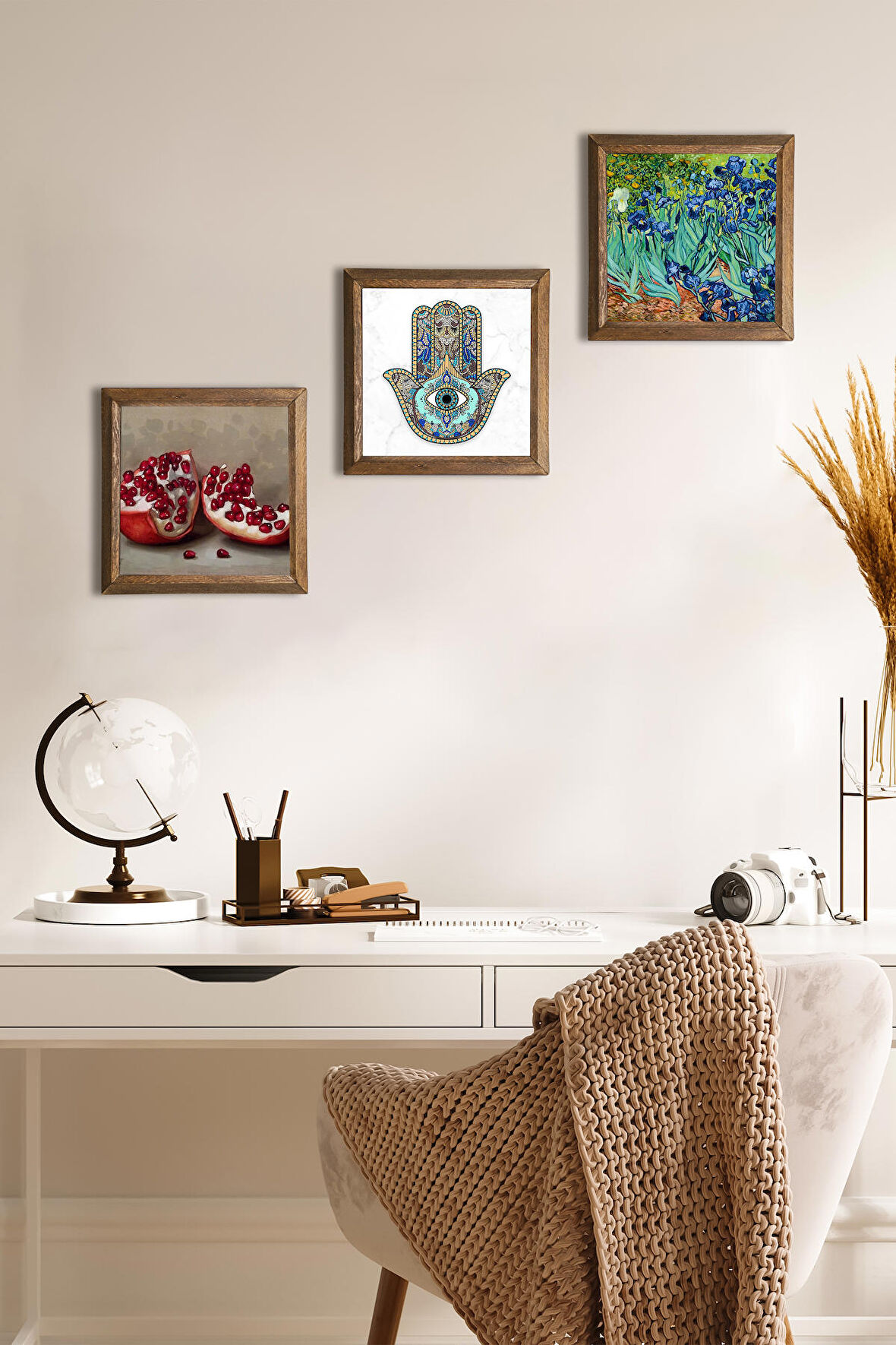 Van Gogh İrisler, Nar, Fatma Ana Eli (Hamsa) Taş Duvar Tablosu Ahşap Çerçeveli Duvar Dekoru 3 Parça Tablo Seti Wall Art