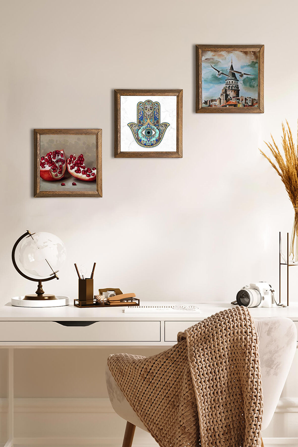 İstanbul Galata Kulesi, Nar, Fatma Ana Eli (Hamsa) Taş Duvar Tablosu Ahşap Çerçeveli Duvar Dekoru 3 Parça Tablo Seti Wall Art
