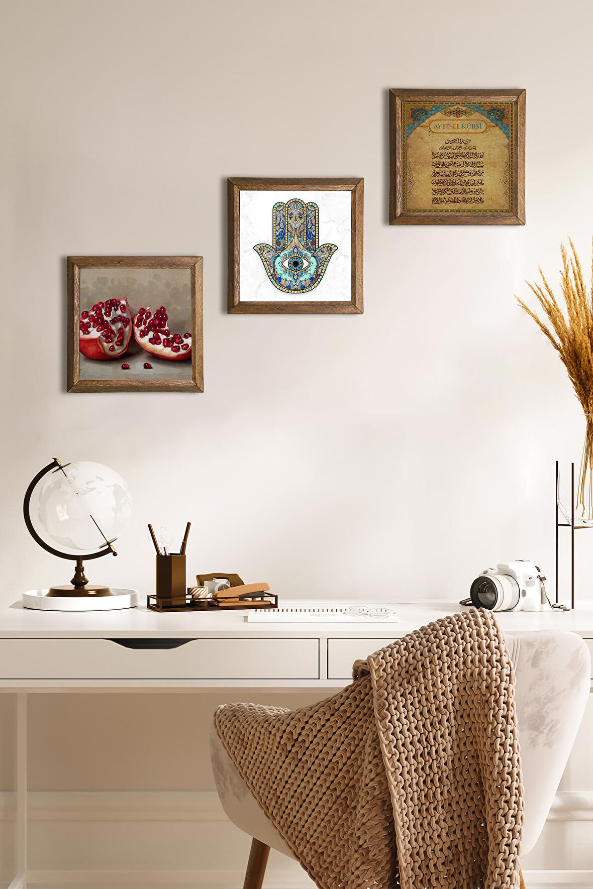 Ayet-el Kürsi, Nar, Fatma Ana Eli (Hamsa) Taş Duvar Tablosu Ahşap Çerçeveli Duvar Dekoru 3 Parça Tablo Seti Wall Art