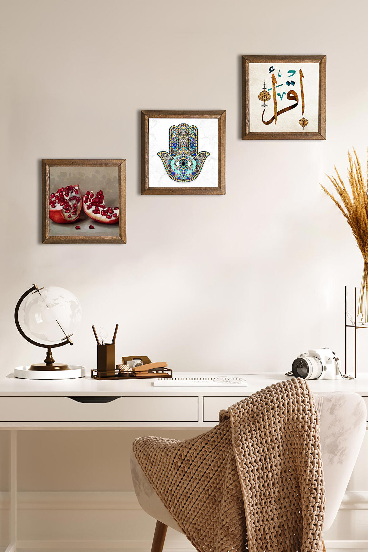 İlk Ayet 'Oku', Nar, Fatma Ana Eli (Hamsa) Taş Duvar Tablosu Ahşap Çerçeveli Duvar Dekoru 3 Parça Tablo Seti Wall Art