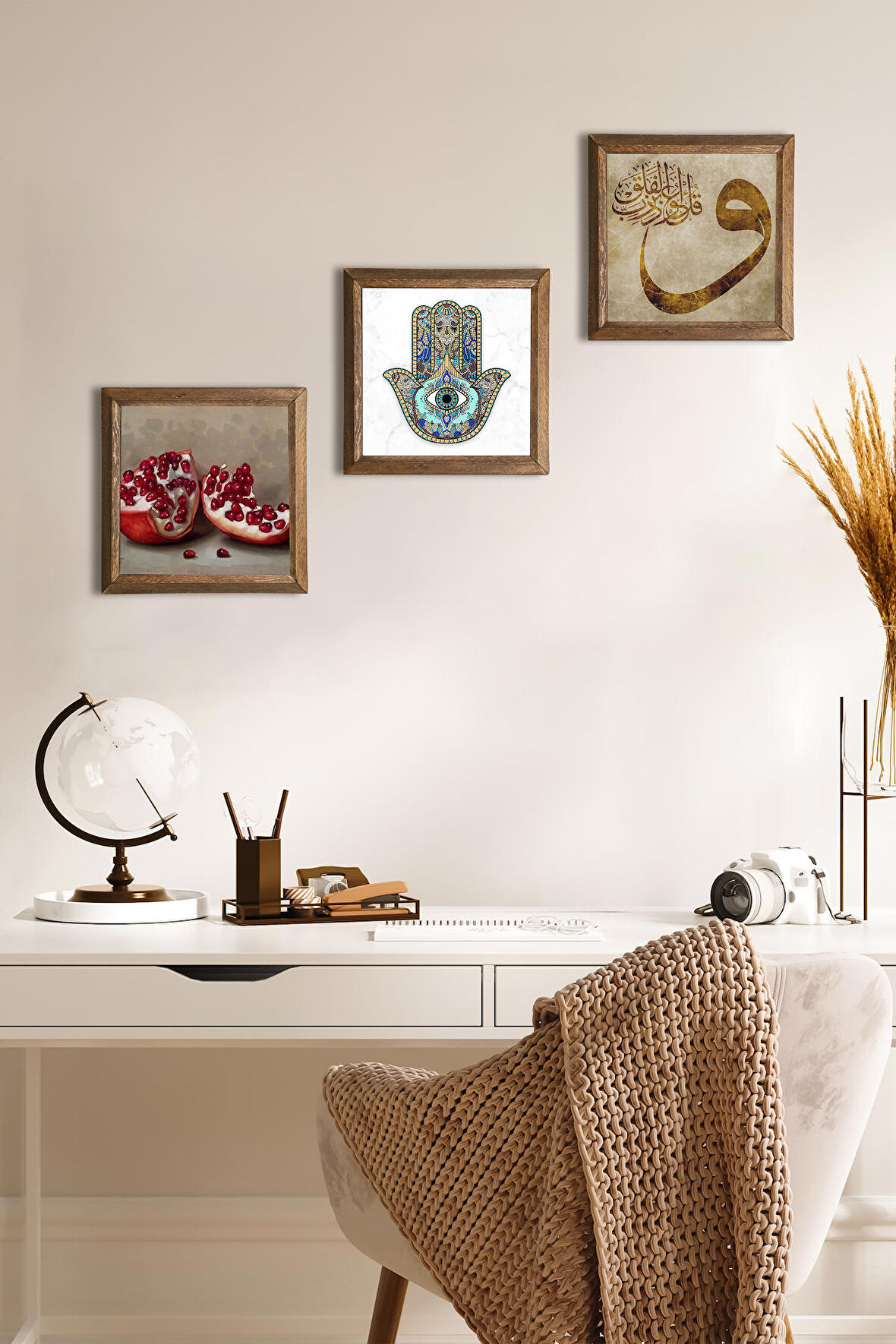 Vav, Nar, Fatma Ana Eli (Hamsa) Taş Duvar Tablosu Ahşap Çerçeveli Duvar Dekoru 3 Parça Tablo Seti Wall Art