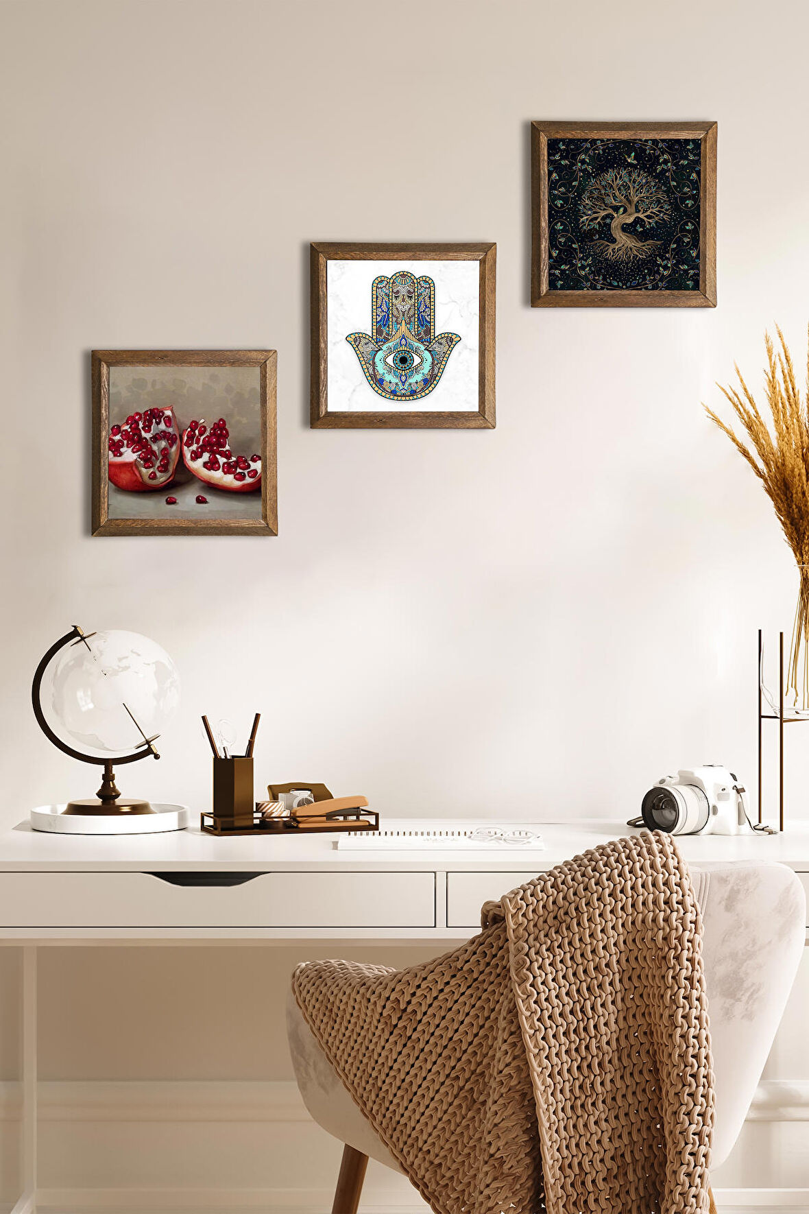 Hayat Ağacı, Nar, Fatma Ana Eli (Hamsa) Taş Duvar Tablosu Ahşap Çerçeveli Duvar Dekoru 3 Parça Tablo Seti Wall Art