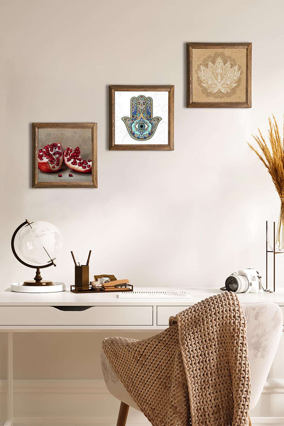 Lotus Çiçeği, Nar, Fatma Ana Eli (Hamsa) Taş Duvar Tablosu Ahşap Çerçeveli Duvar Dekoru 3 Parça Tablo Seti Wall Art