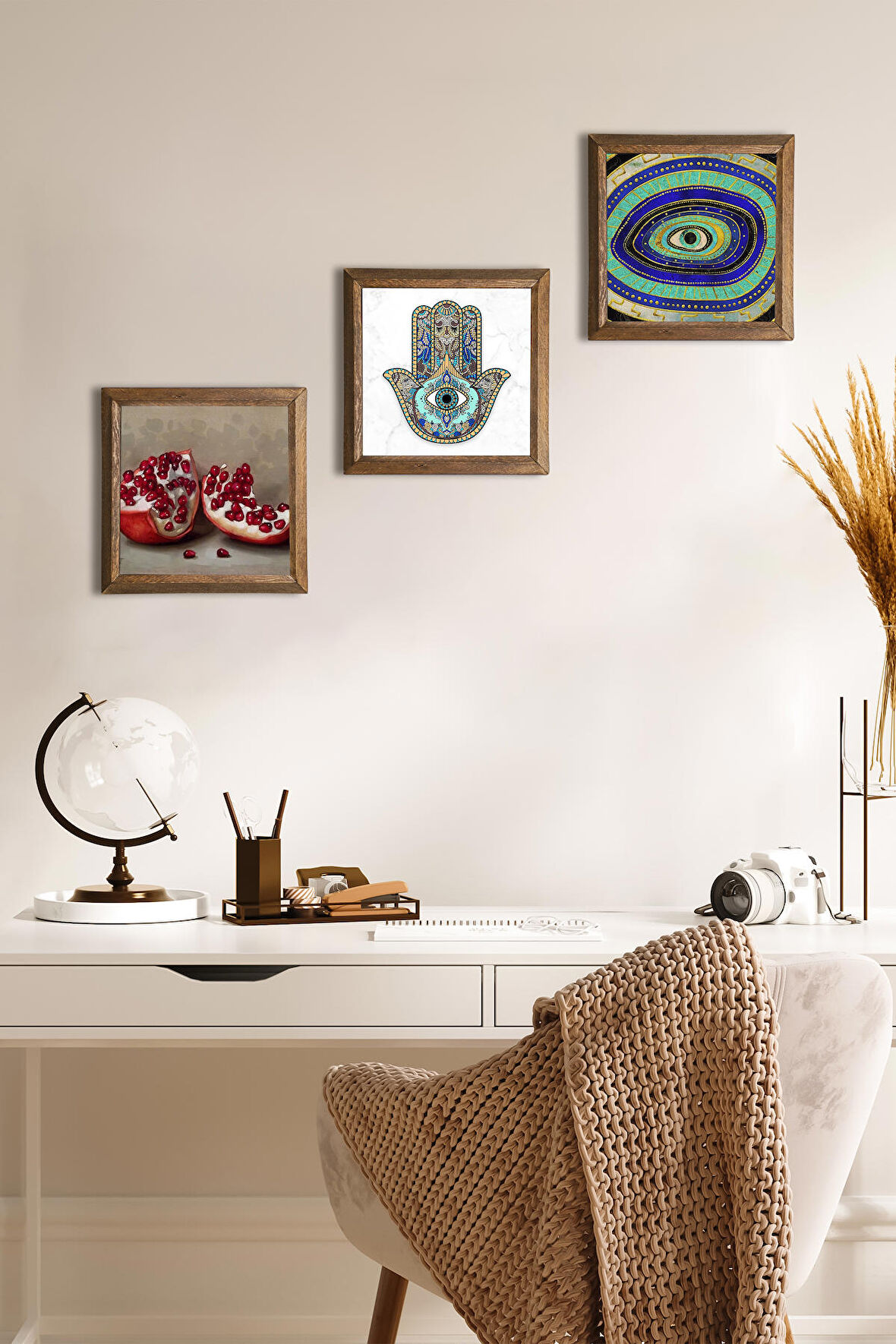 Nazar, Nar, Fatma Ana Eli (Hamsa) Taş Duvar Tablosu Ahşap Çerçeveli Duvar Dekoru 3 Parça Tablo Seti Wall Art