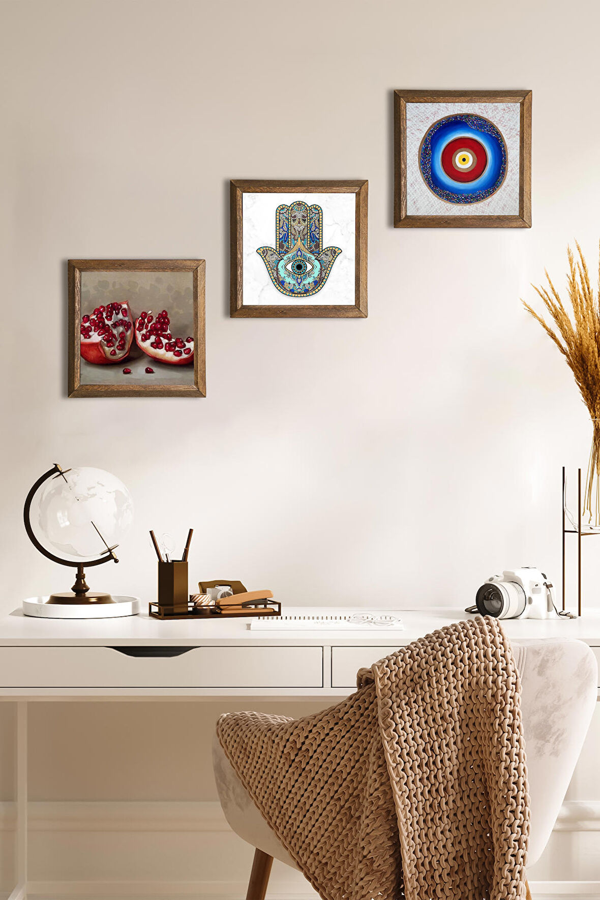 Nazar, Nar, Fatma Ana Eli (Hamsa) Taş Duvar Tablosu Ahşap Çerçeveli Duvar Dekoru 3 Parça Tablo Seti Wall Art