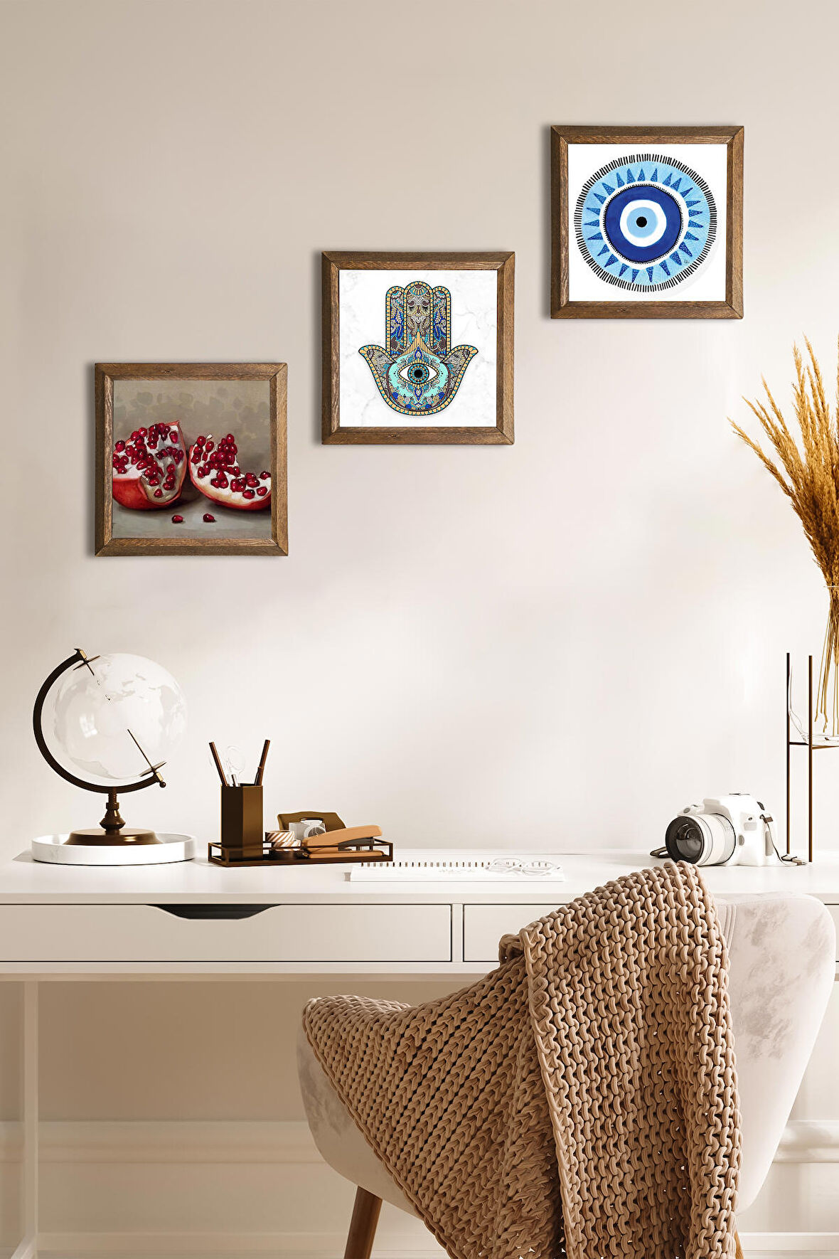 Nazar, Nar, Fatma Ana Eli (Hamsa) Taş Duvar Tablosu Ahşap Çerçeveli Duvar Dekoru 3 Parça Tablo Seti Wall Art