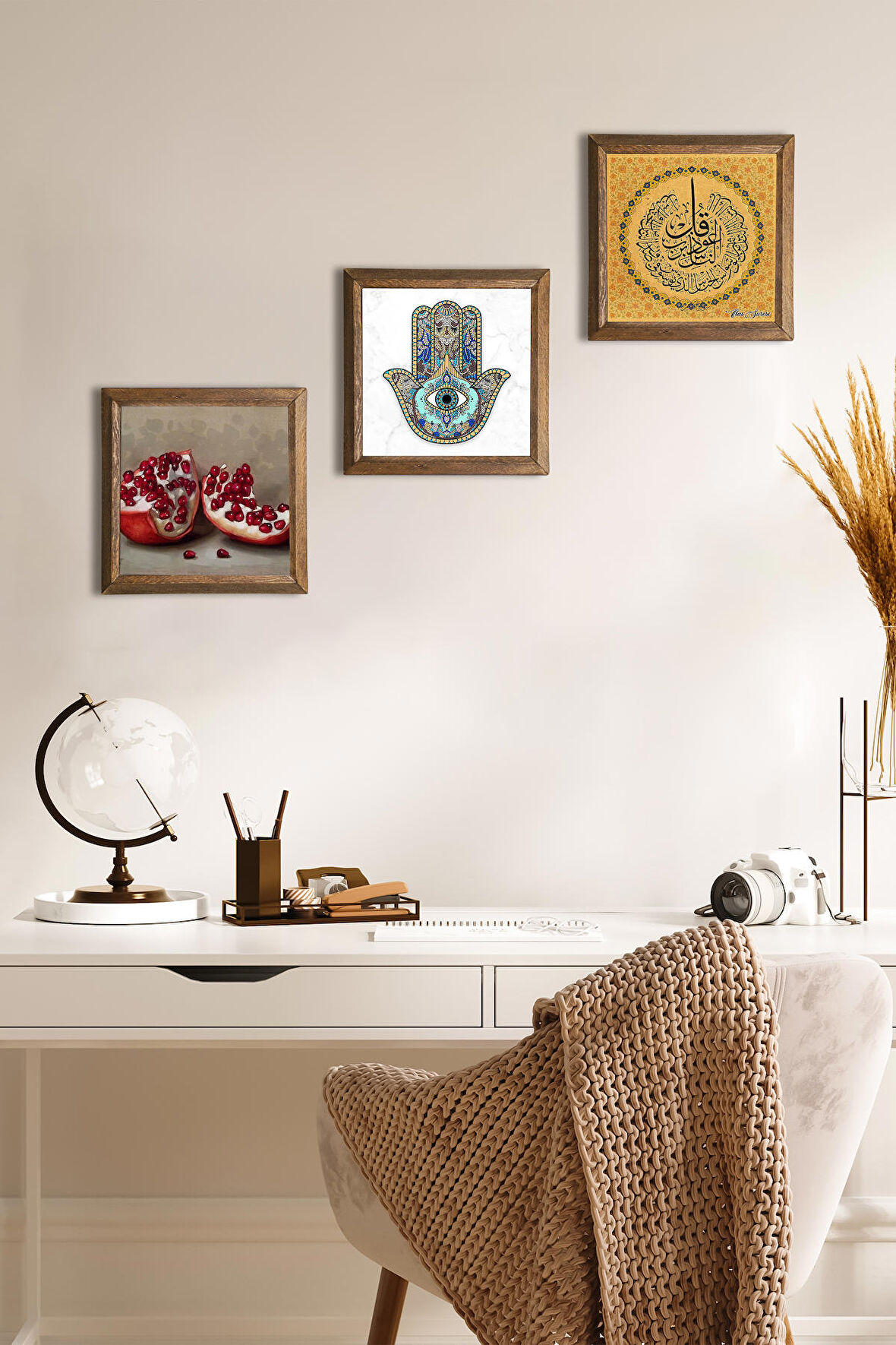 Nas Suresi, Nar, Fatma Ana Eli (Hamsa) Taş Duvar Tablosu Ahşap Çerçeveli Duvar Dekoru 3 Parça Tablo Seti Wall Art