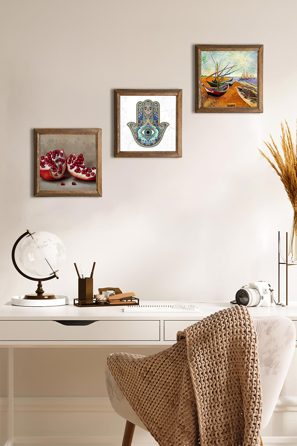Van Gogh Balıkçı Tekneleri, Nar, Fatma Ana Eli (Hamsa) Taş Duvar Tablosu Ahşap Çerçeveli Duvar Dekoru 3 Parça Tablo Seti Wall Art