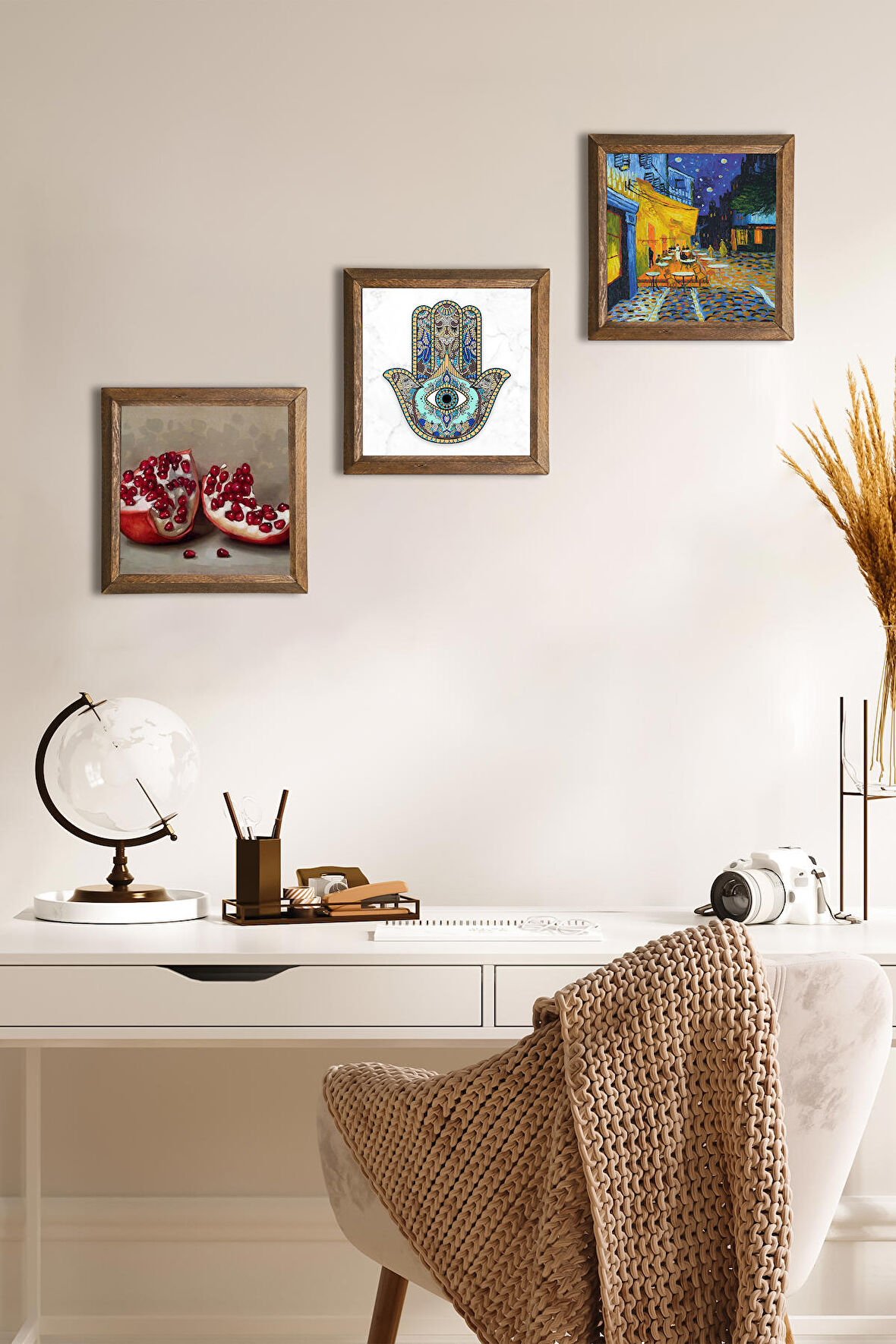 Van Gogh Kafe Terasta Gece, Nar, Fatma Ana Eli (Hamsa) Taş Duvar Tablosu Ahşap Çerçeveli Duvar Dekoru 3 Parça Tablo Seti Wall Art