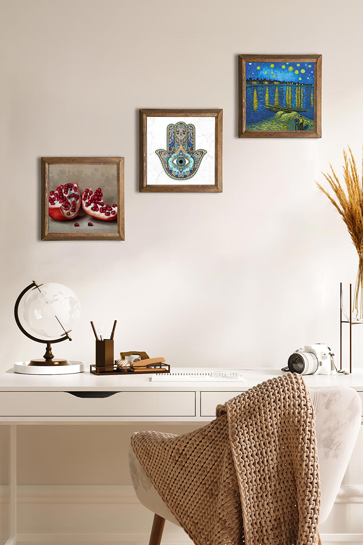 Van Gogh Ren Nehri, Nar, Fatma Ana Eli Taş Duvar Tablosu Ahşap Çerçeveli Duvar Dekoru 3 Parça Tablo Seti Wall Art
