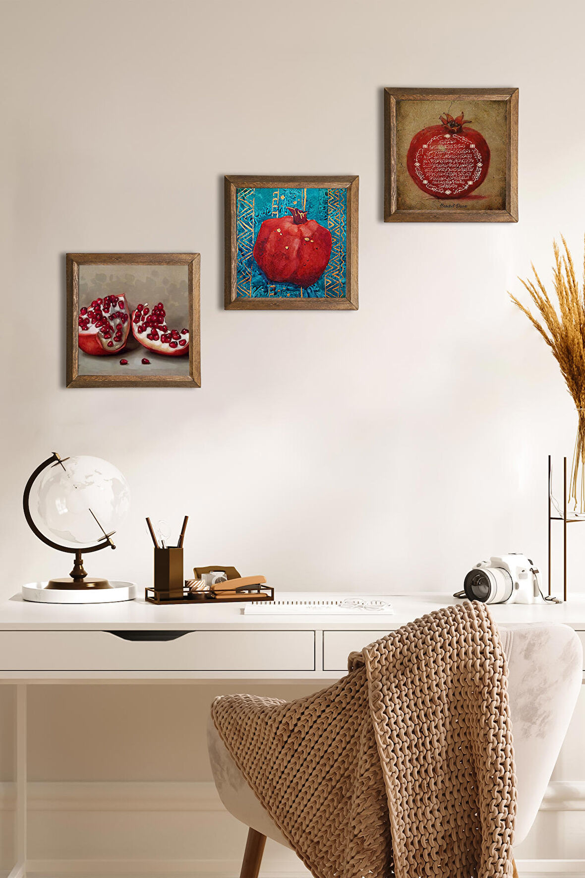 Bereket Duası, Nar Taş Duvar Tablosu Ahşap Çerçeveli Duvar Dekoru 3 Parça Tablo Seti Wall Art