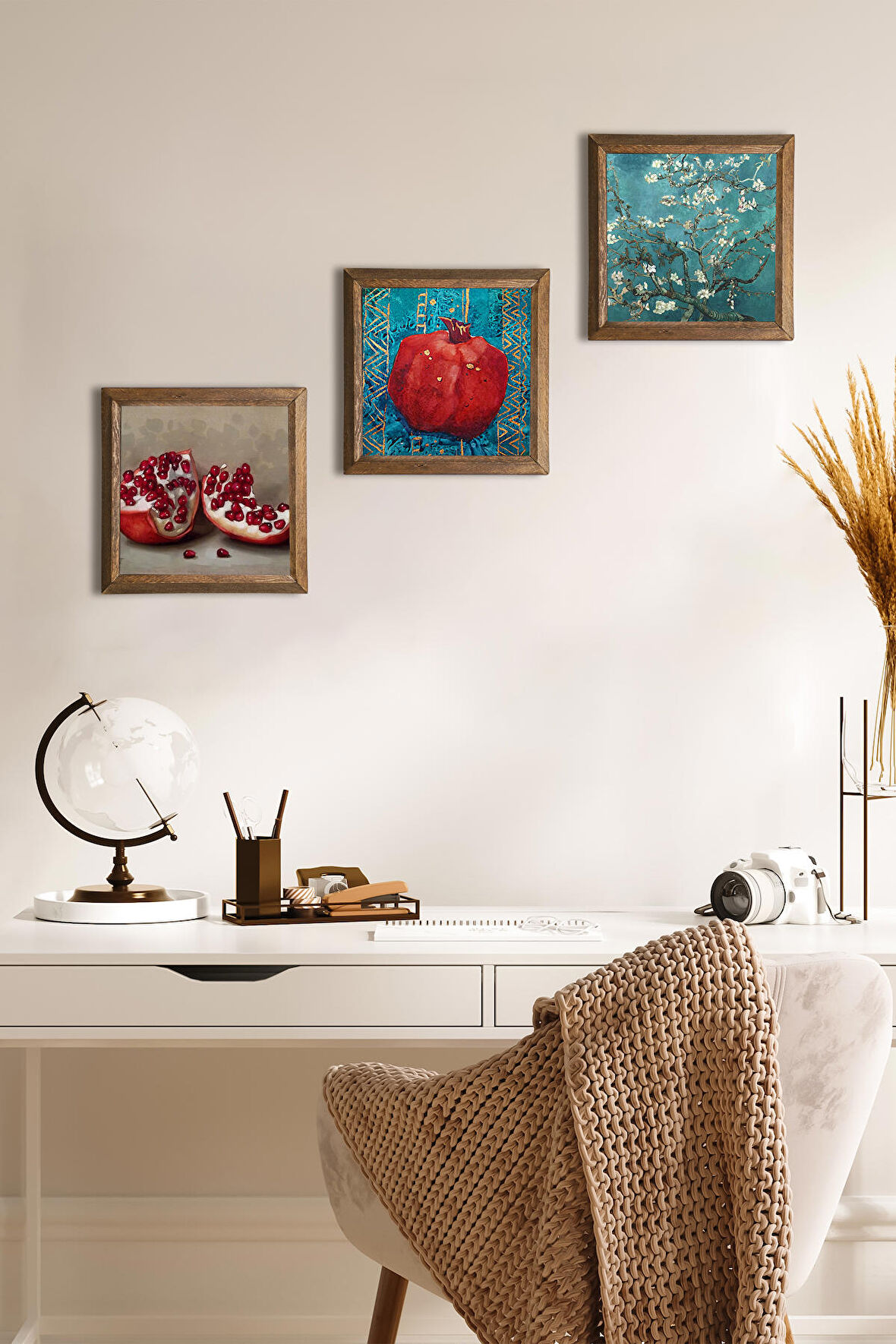 Van Gogh Badem Ağacı, Nar Taş Duvar Tablosu Ahşap Çerçeveli Duvar Dekoru 3 Parça Tablo Seti Wall Art