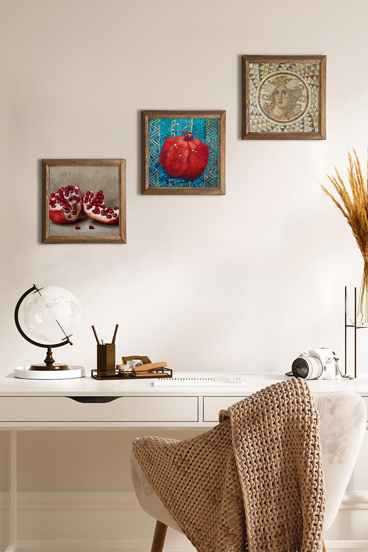 Mozaik Serisi, Nar Taş Duvar Tablosu Ahşap Çerçeveli Duvar Dekoru 3 Parça Tablo Seti Wall Art