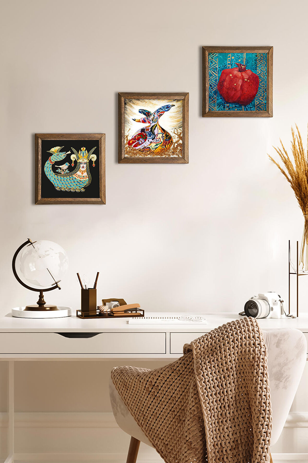 Bereket Duası, Şahmeran, Semazen Taş Duvar Tablosu Ahşap Çerçeveli Duvar Dekoru 3 Parça Tablo Seti Wall Art