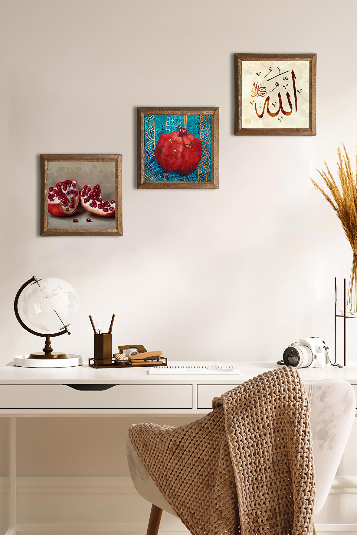Allah Lafzı, Nar Taş Duvar Tablosu Ahşap Çerçeveli Duvar Dekoru 3 Parça Tablo Seti Wall Art