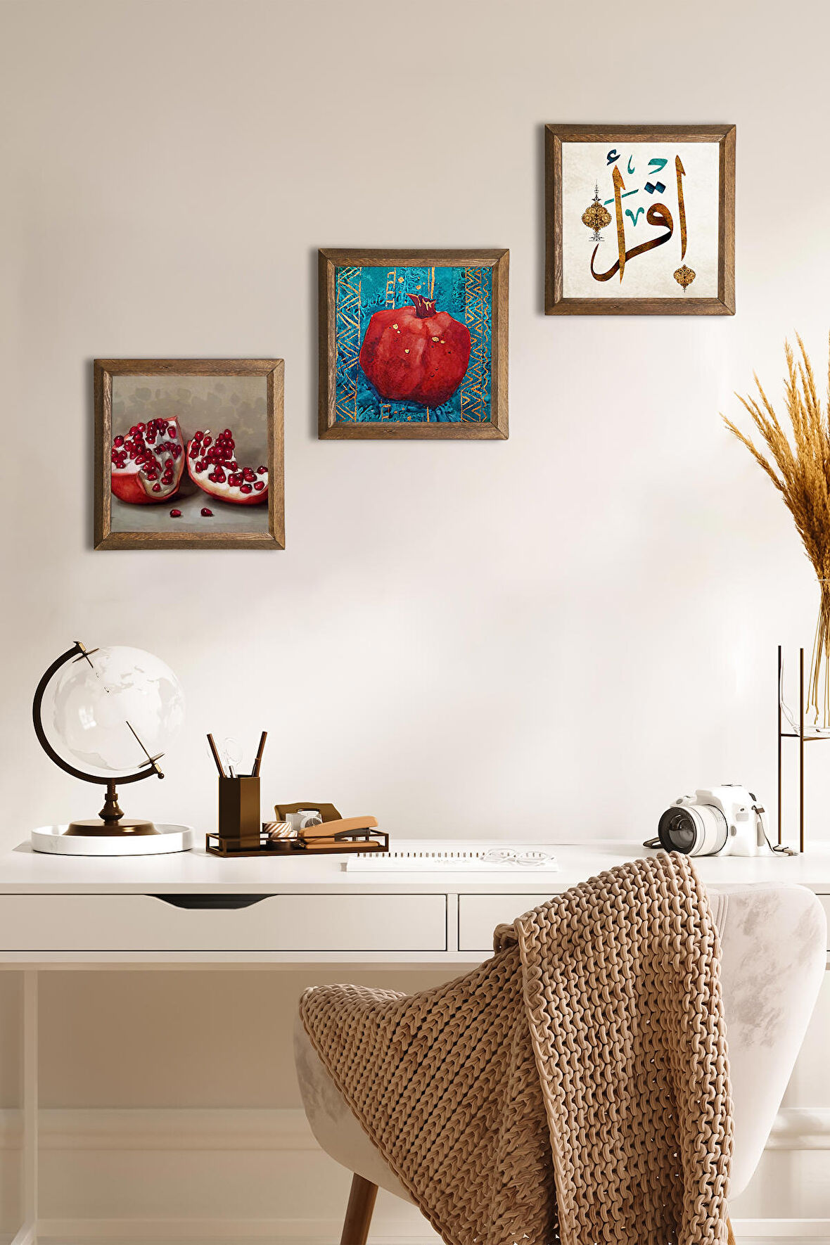 İlk Ayet 'Oku', Nar Taş Duvar Tablosu Ahşap Çerçeveli Duvar Dekoru 3 Parça Tablo Seti Wall Art