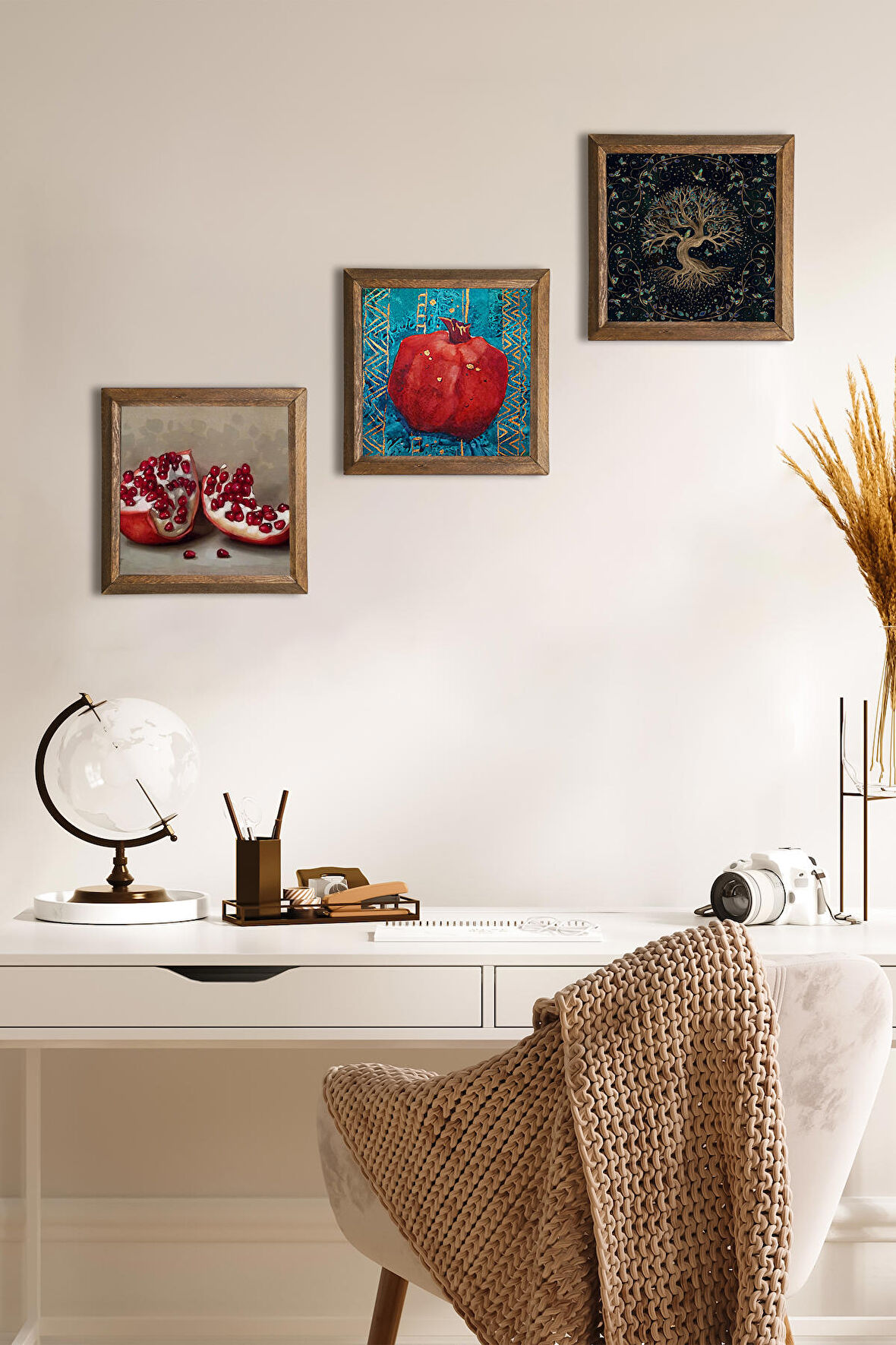 Hayat Ağacı, Nar Taş Duvar Tablosu Ahşap Çerçeveli Duvar Dekoru 3 Parça Tablo Seti Wall Art