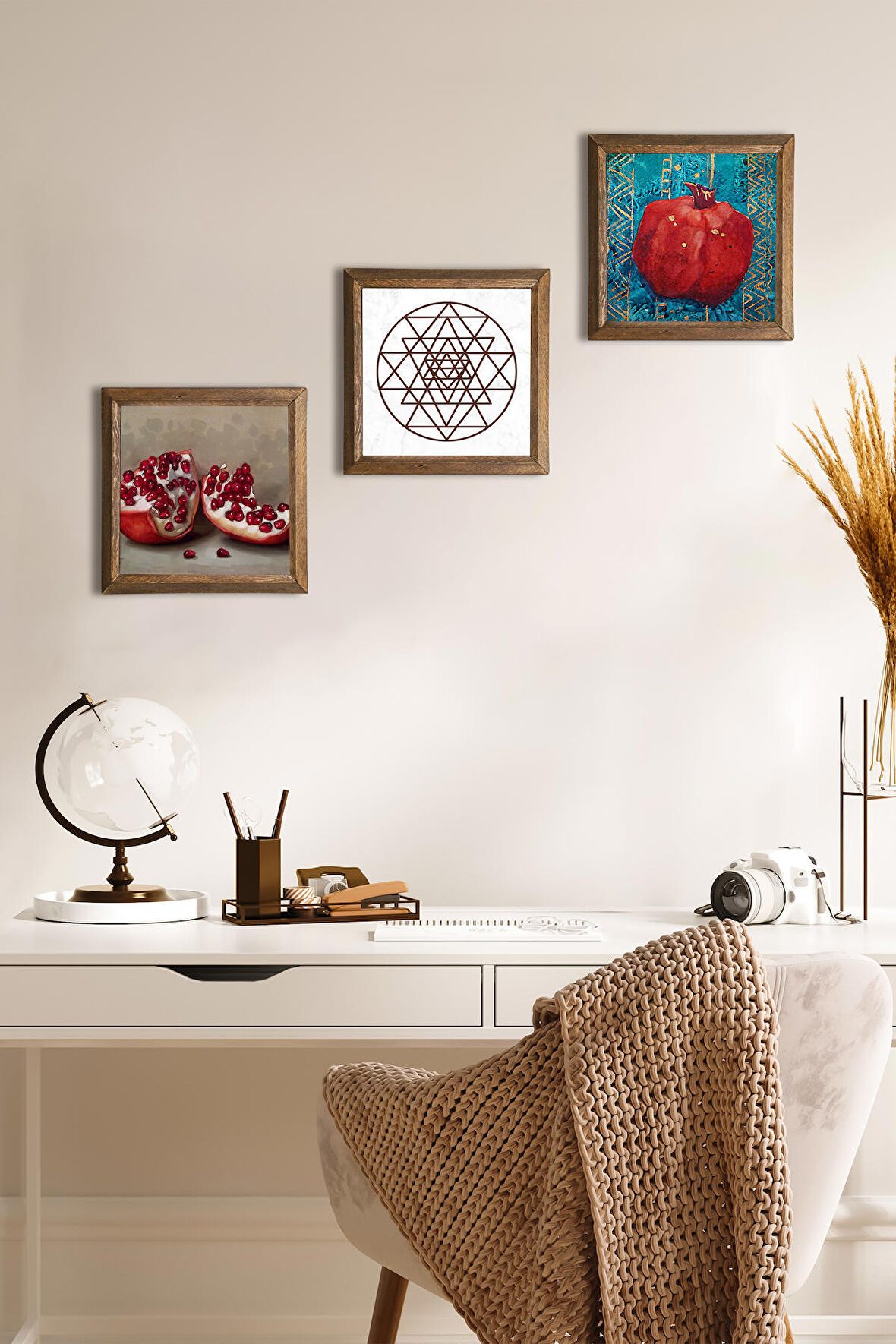 Sri Yantra, Nar Taş Duvar Tablosu Ahşap Çerçeveli Duvar Dekoru 3 Parça Tablo Seti Wall Art