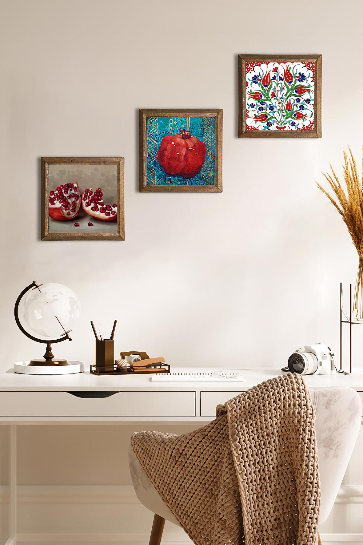 Çini Sanatı Lale, Nar Taş Duvar Tablosu Ahşap Çerçeveli Duvar Dekoru 3 Parça Tablo Seti Wall Art