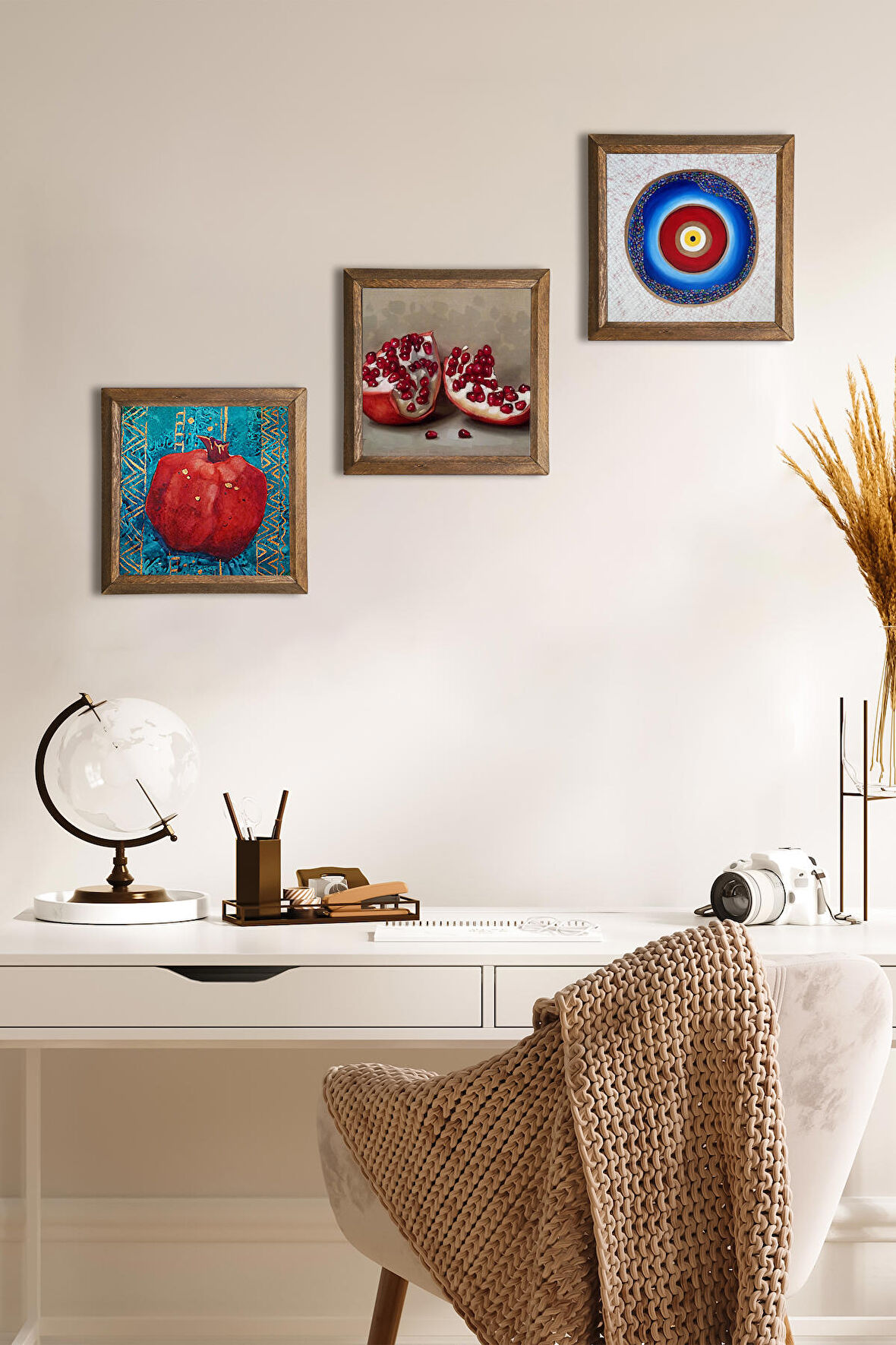 Nazar, Nar Taş Duvar Tablosu Ahşap Çerçeveli Duvar Dekoru 3 Parça Tablo Seti Wall Art