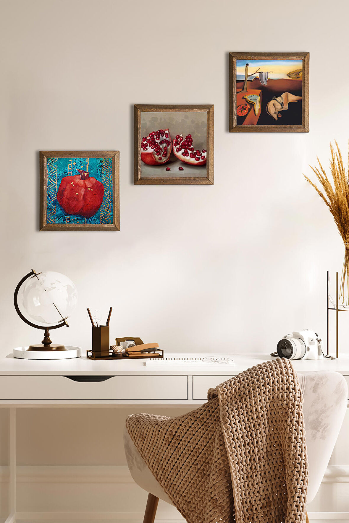 Salvador Dalí Belleğin Azmi, Nar Taş Duvar Tablosu Ahşap Çerçeveli Duvar Dekoru 3 Parça Tablo Seti Wall Art