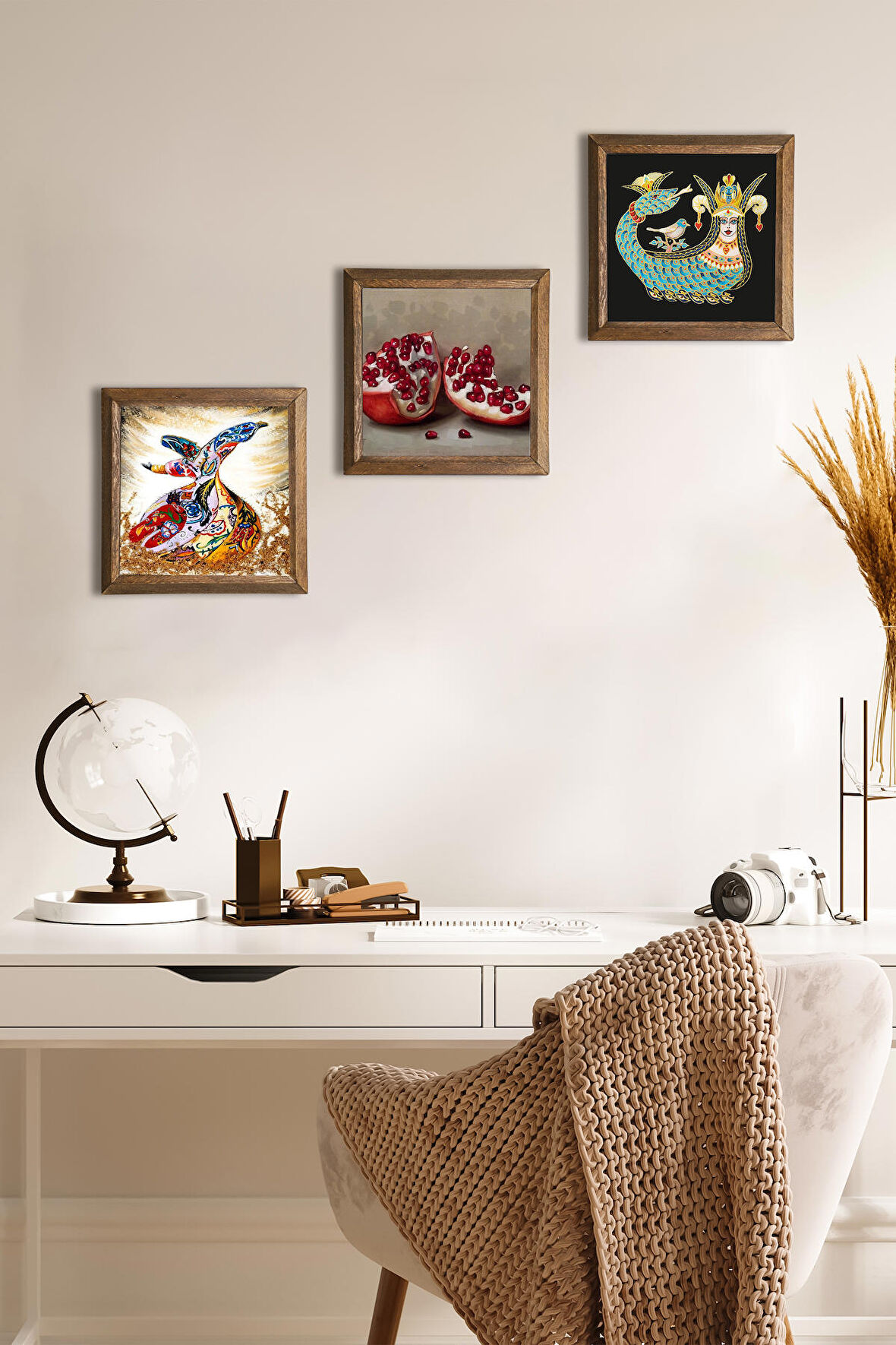 Şahmeran, Semazen, Nar Taş Duvar Tablosu Ahşap Çerçeveli Duvar Dekoru 3 Parça Tablo Seti Wall Art