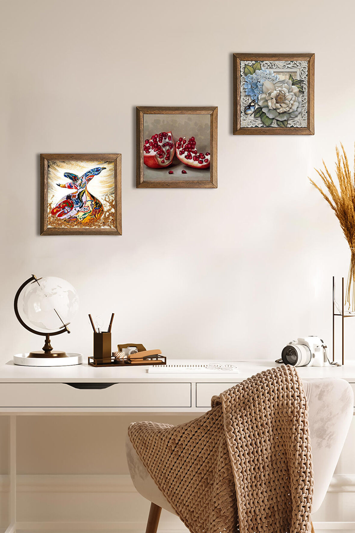 Kelebekli Çiçek, Semazen, Nar Taş Duvar Tablosu Ahşap Çerçeveli Duvar Dekoru 3 Parça Tablo Seti Wall Art