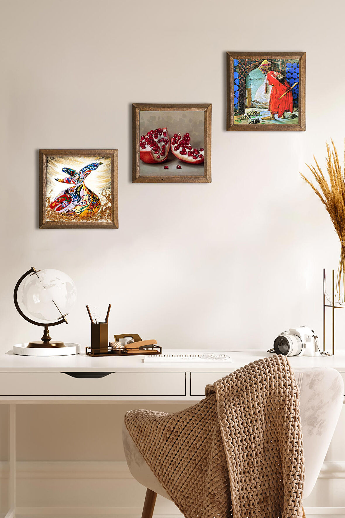 Kaplumbağa Terbiyecisi, Semazen, Nar Taş Duvar Tablosu Ahşap Çerçeveli Duvar Dekoru 3 Parça Tablo Seti Wall Art