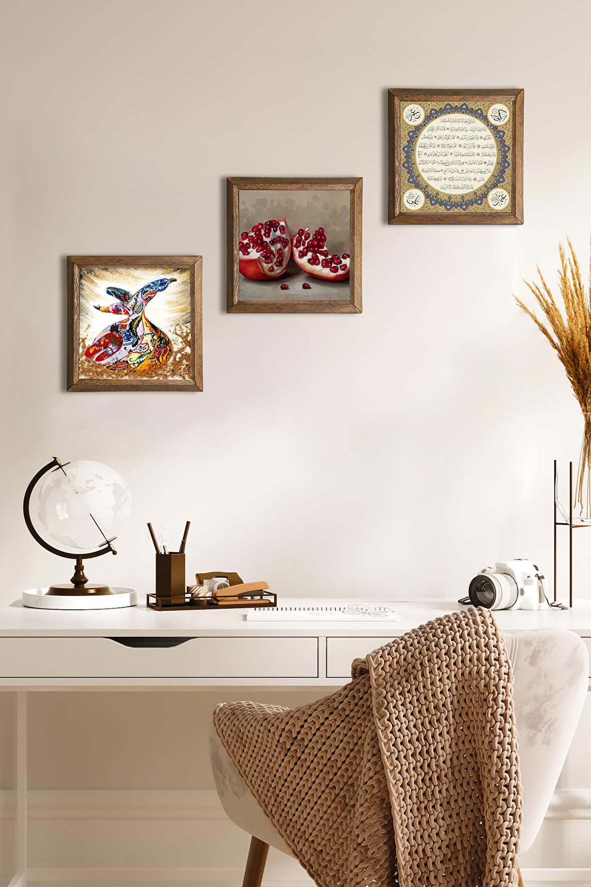 Hilye-i Şerif, Semazen, Nar Taş Duvar Tablosu Ahşap Çerçeveli Duvar Dekoru 3 Parça Tablo Seti Wall Art