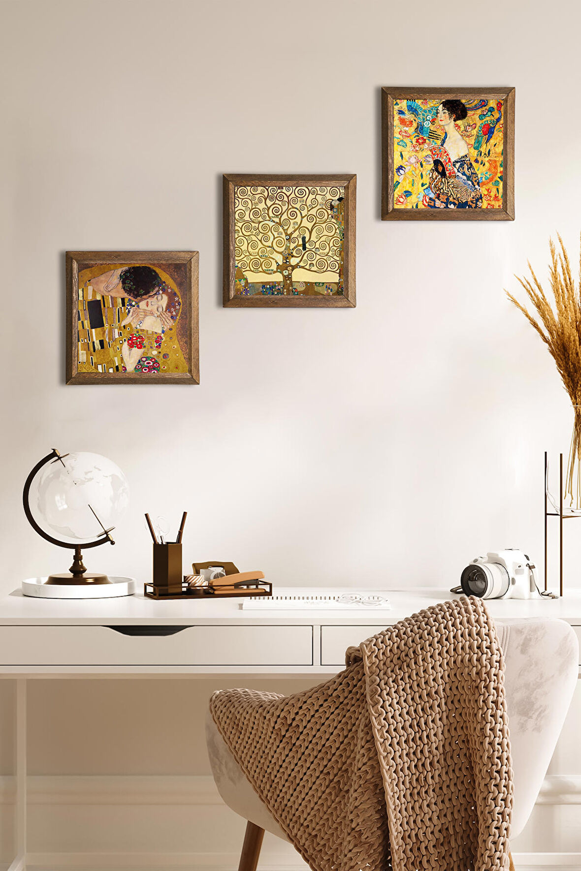 Gustav Klimt Yelpazeli Kadın, Bauer Portre, Hayat Ağacı Taş Duvar Tablosu Ahşap Çerçeveli Duvar Dekoru 3 Parça Tablo Seti Wall Art