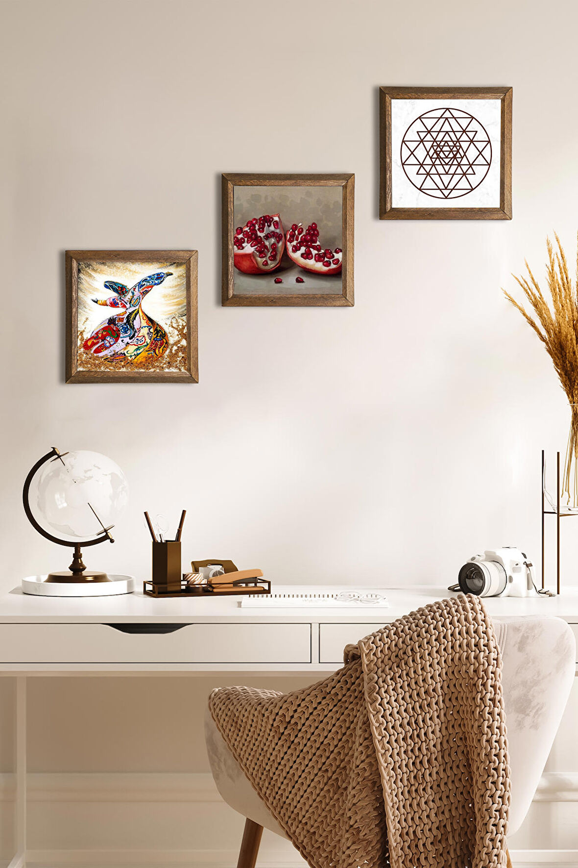 Sri Yantra, Semazen, Nar Taş Duvar Tablosu Ahşap Çerçeveli Duvar Dekoru 3 Parça Tablo Seti Wall Art