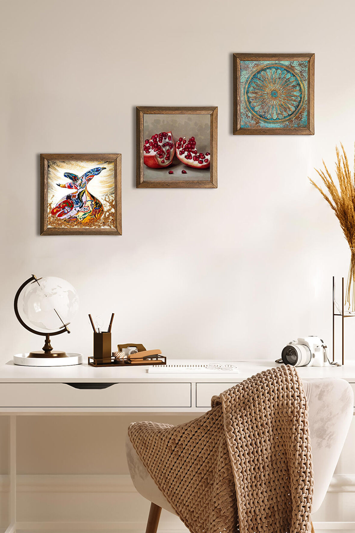 Yaşam Çiçeği, Semazen, Nar Taş Duvar Tablosu Ahşap Çerçeveli Duvar Dekoru 3 Parça Tablo Seti Wall Art