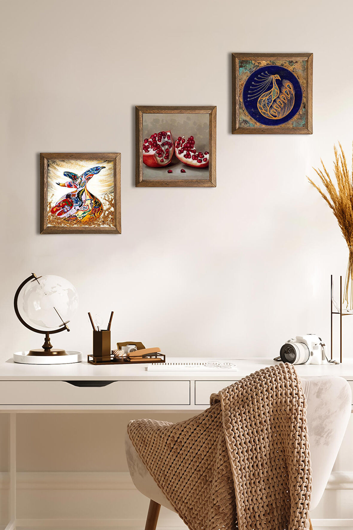 Tavus Kuşu, Semazen, Nar Taş Duvar Tablosu Ahşap Çerçeveli Duvar Dekoru 3 Parça Tablo Seti Wall Art
