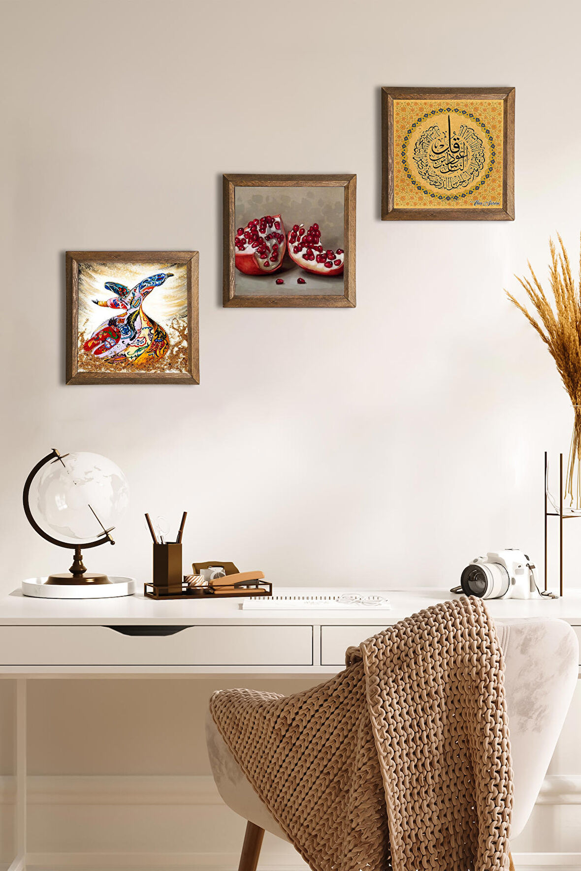 Nas Suresi, Semazen, Nar Taş Duvar Tablosu Ahşap Çerçeveli Duvar Dekoru 3 Parça Tablo Seti Wall Art