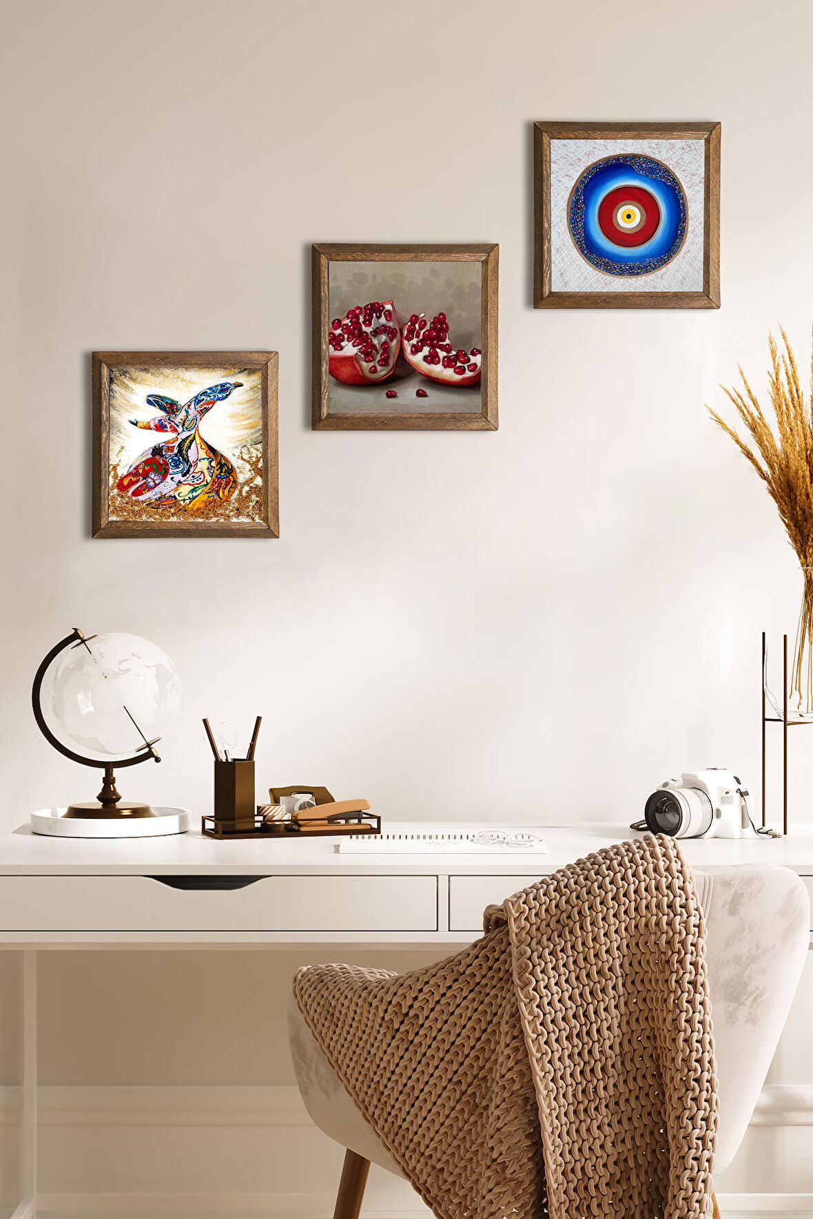 Nazar, Semazen, Nar Taş Duvar Tablosu Ahşap Çerçeveli Duvar Dekoru 3 Parça Tablo Seti Wall Art