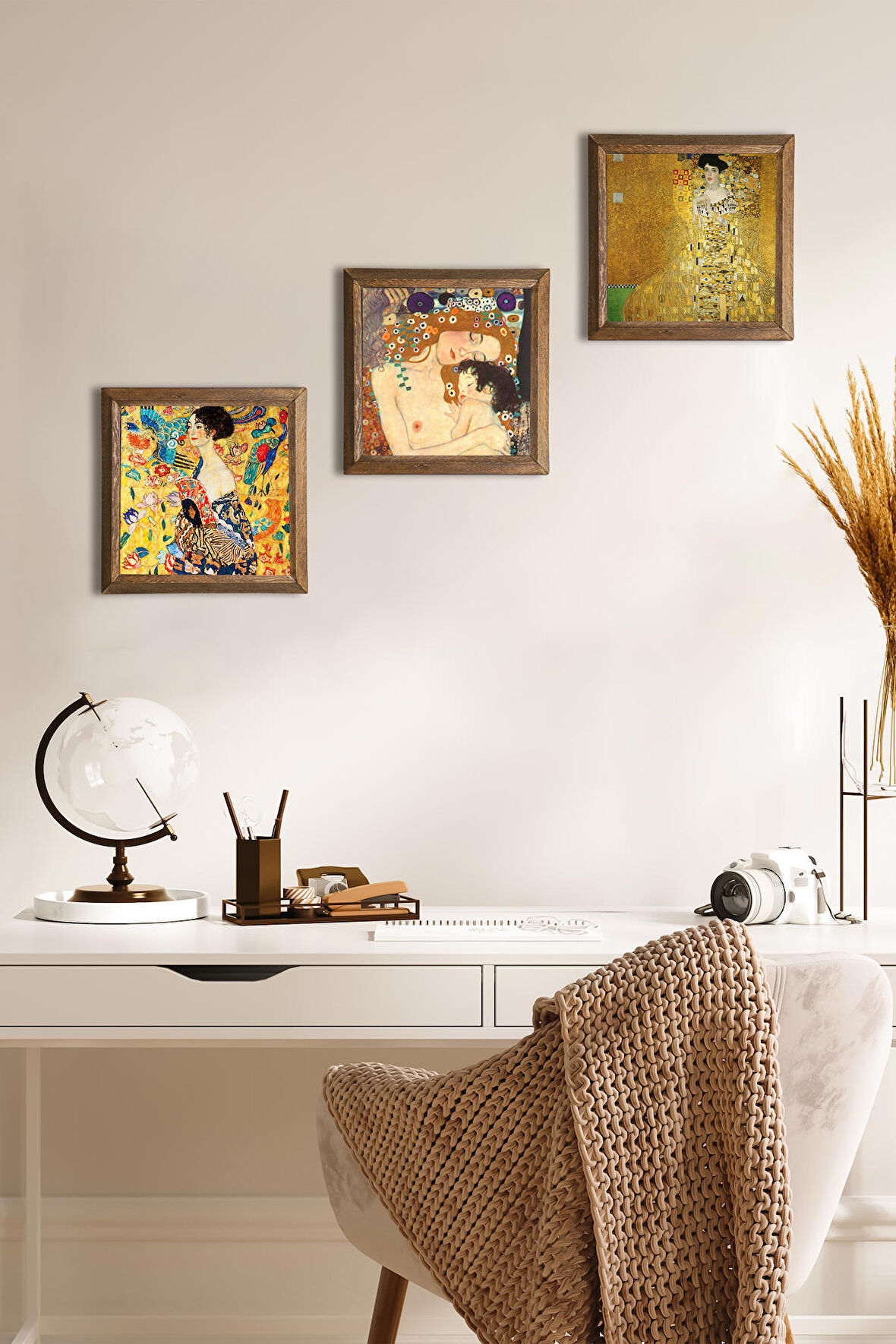 Gustav Klimt Taş Duvar Tablosu Ahşap Çerçeveli Duvar Dekoru 3 Parça Tablo Seti Wall Art