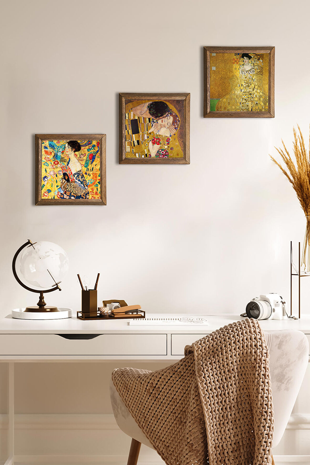Gustav Klimt Yelpazeli Kadın, Bauer'in Portresi, Öpücük Taş Duvar Tablosu Ahşap Çerçeveli Duvar Dekoru 3 Parça Tablo Seti Wall Art