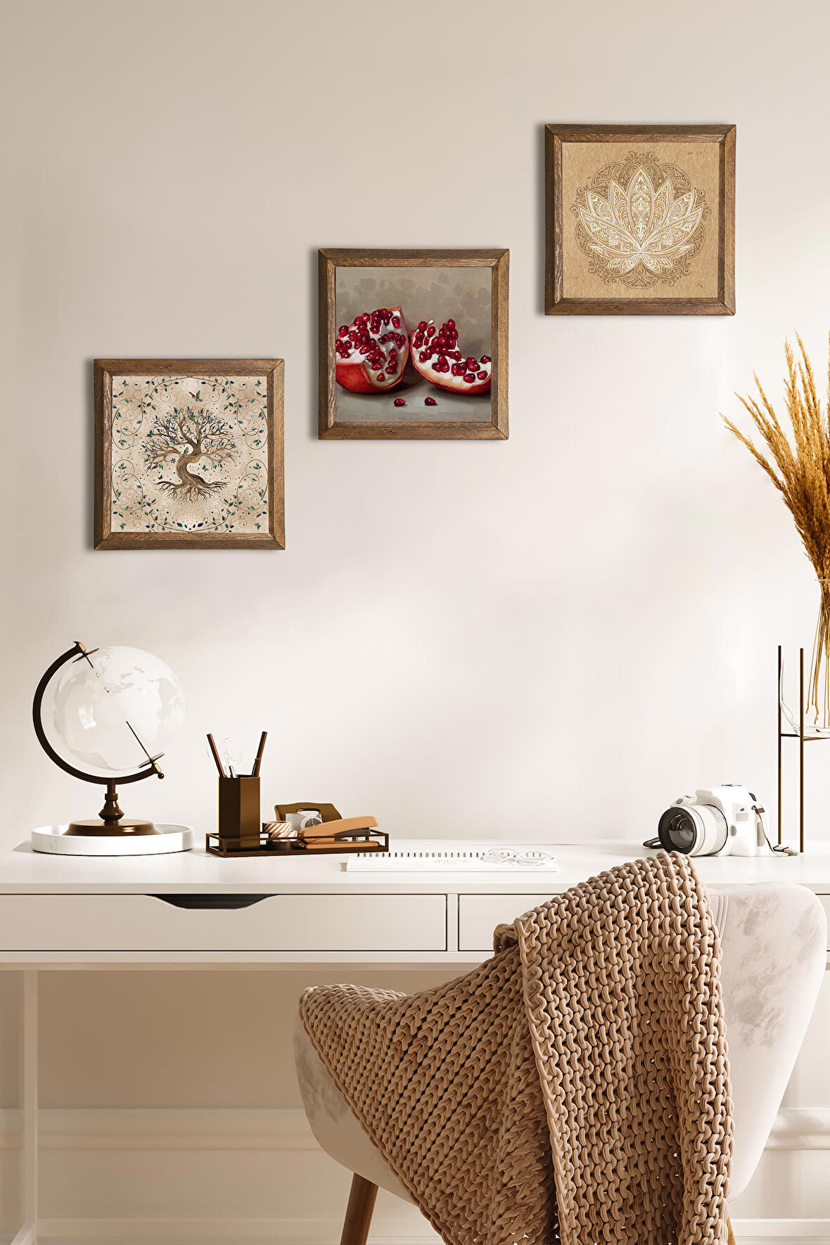 Lotus Çiçeği, Hayat Ağacı, Nar Taş Duvar Tablosu Ahşap Çerçeveli Duvar Dekoru 3 Parça Tablo Seti Wall Art