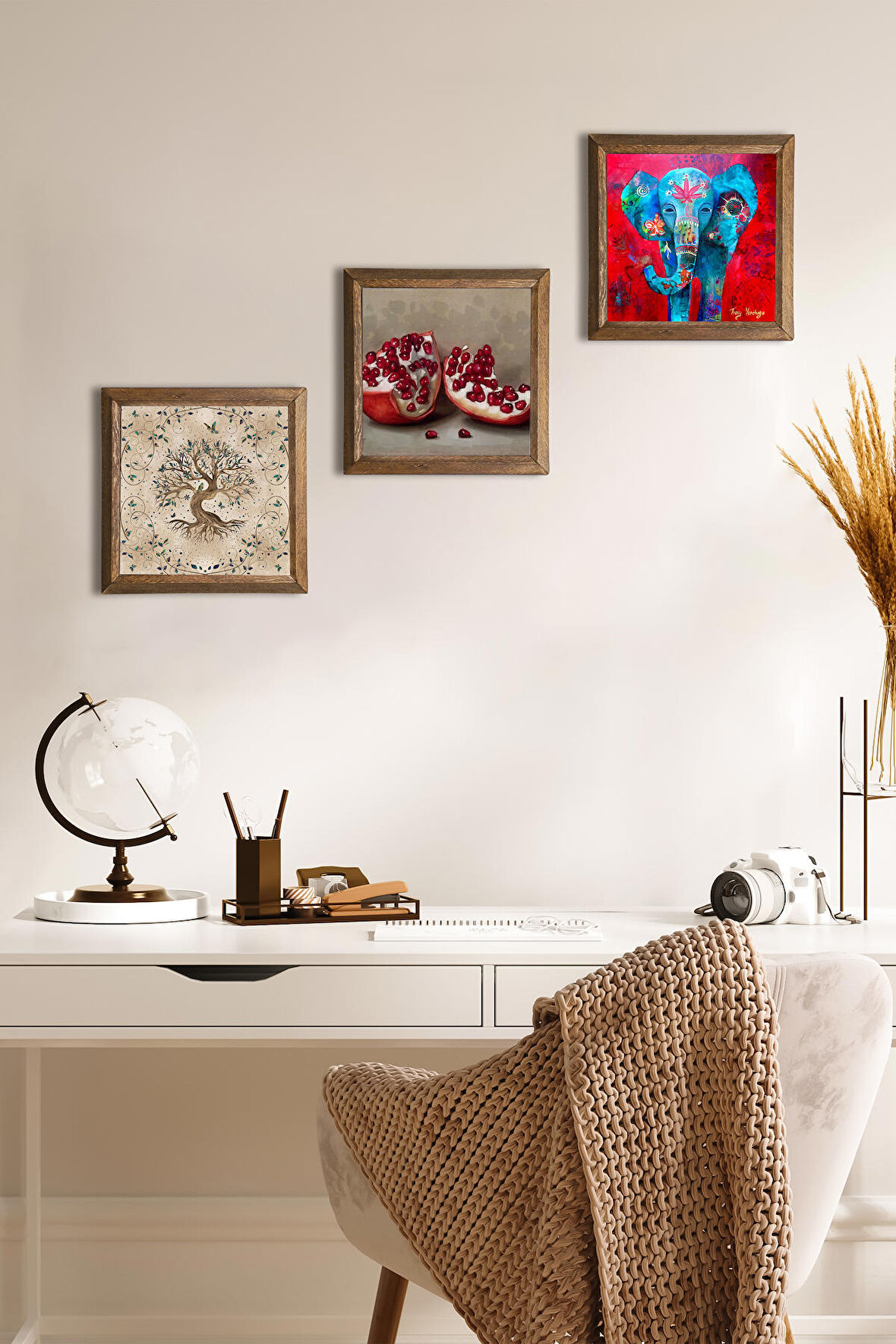 Fil, Hayat Ağacı, Nar Taş Duvar Tablosu Ahşap Çerçeveli Duvar Dekoru 3 Parça Tablo Seti Wall Art