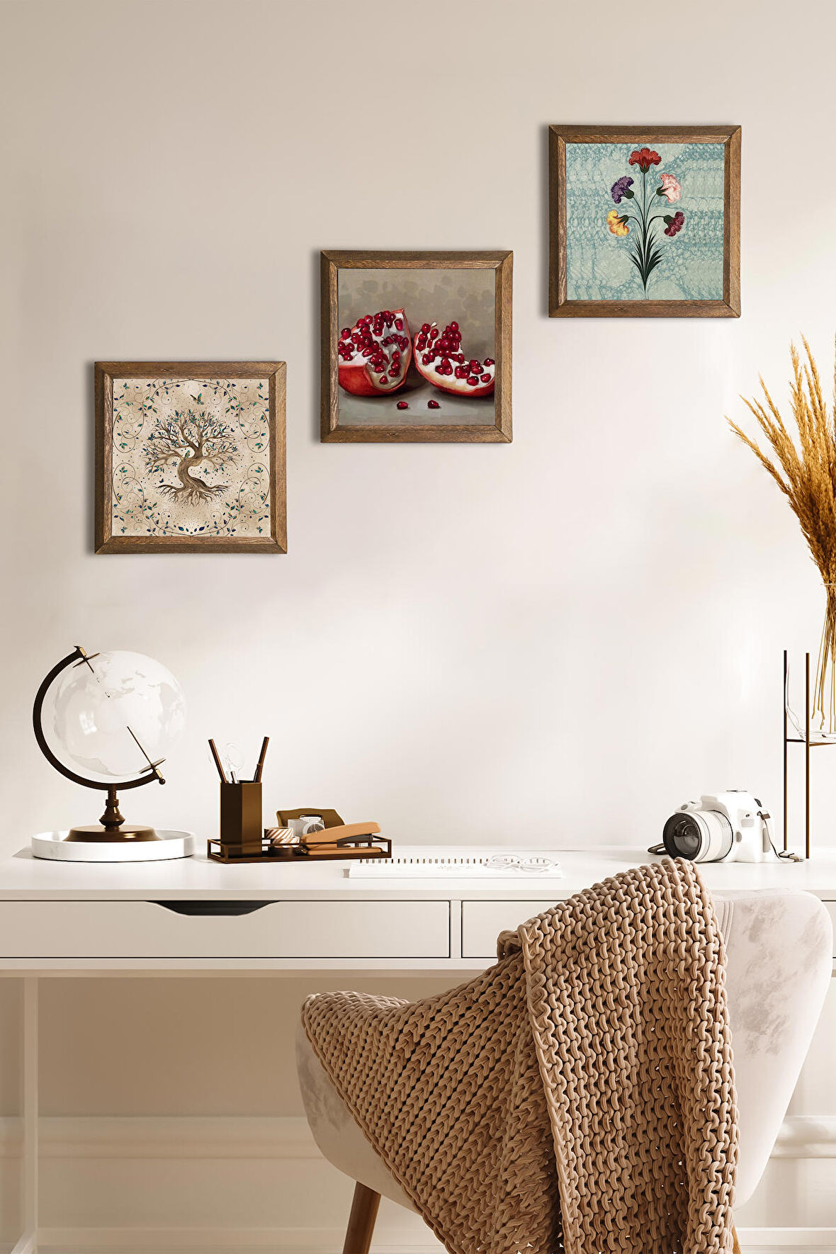 Ebru Sanatı, Hayat Ağacı, Nar Taş Duvar Tablosu Ahşap Çerçeveli Duvar Dekoru 3 Parça Tablo Seti Wall Art