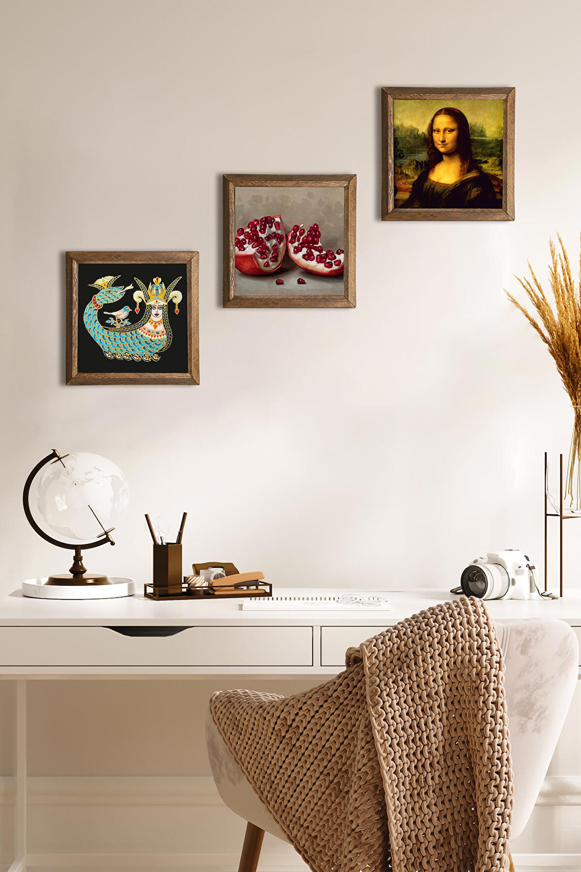 Leonardo da Vinci Mona Lisa, Şahmeran, Nar Taş Duvar Tablosu Ahşap Çerçeveli Duvar Dekoru 3 Parça Tablo Seti Wall Art