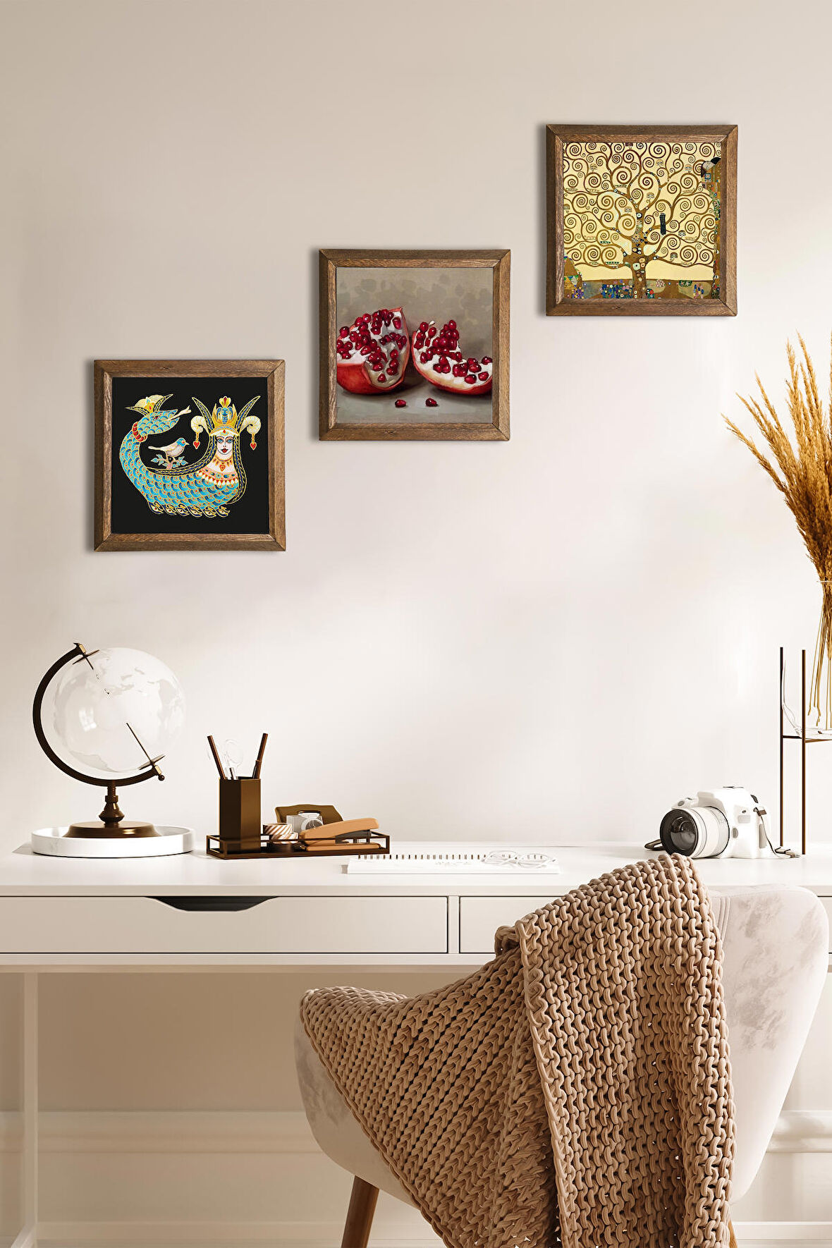 Gustav Klimt Hayat Ağacı, Şahmeran, Nar Taş Duvar Tablosu Ahşap Çerçeveli Duvar Dekoru 3 Parça Tablo Seti Wall Art