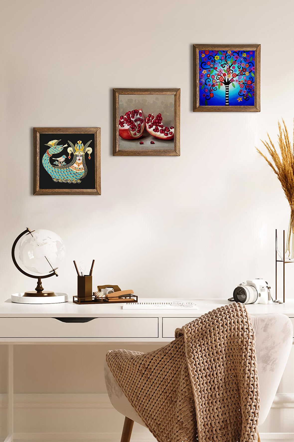 Hayat Ağacı, Şahmeran, Nar Taş Duvar Tablosu Ahşap Çerçeveli Duvar Dekoru 3 Parça Tablo Seti Wall Art