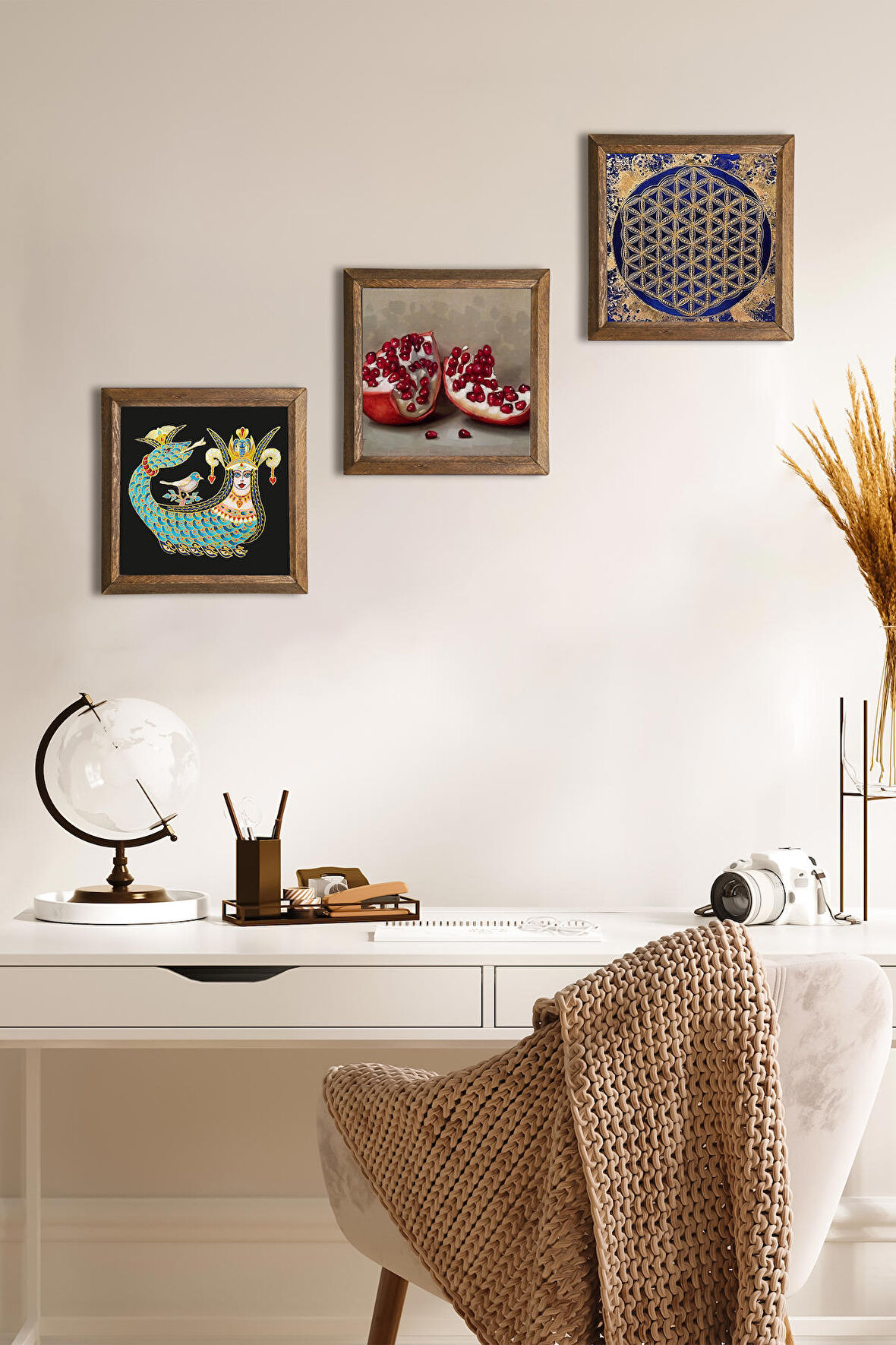 Yaşam Çiçeği, Şahmeran, Nar Taş Duvar Tablosu Ahşap Çerçeveli Duvar Dekoru 3 Parça Tablo Seti Wall Art