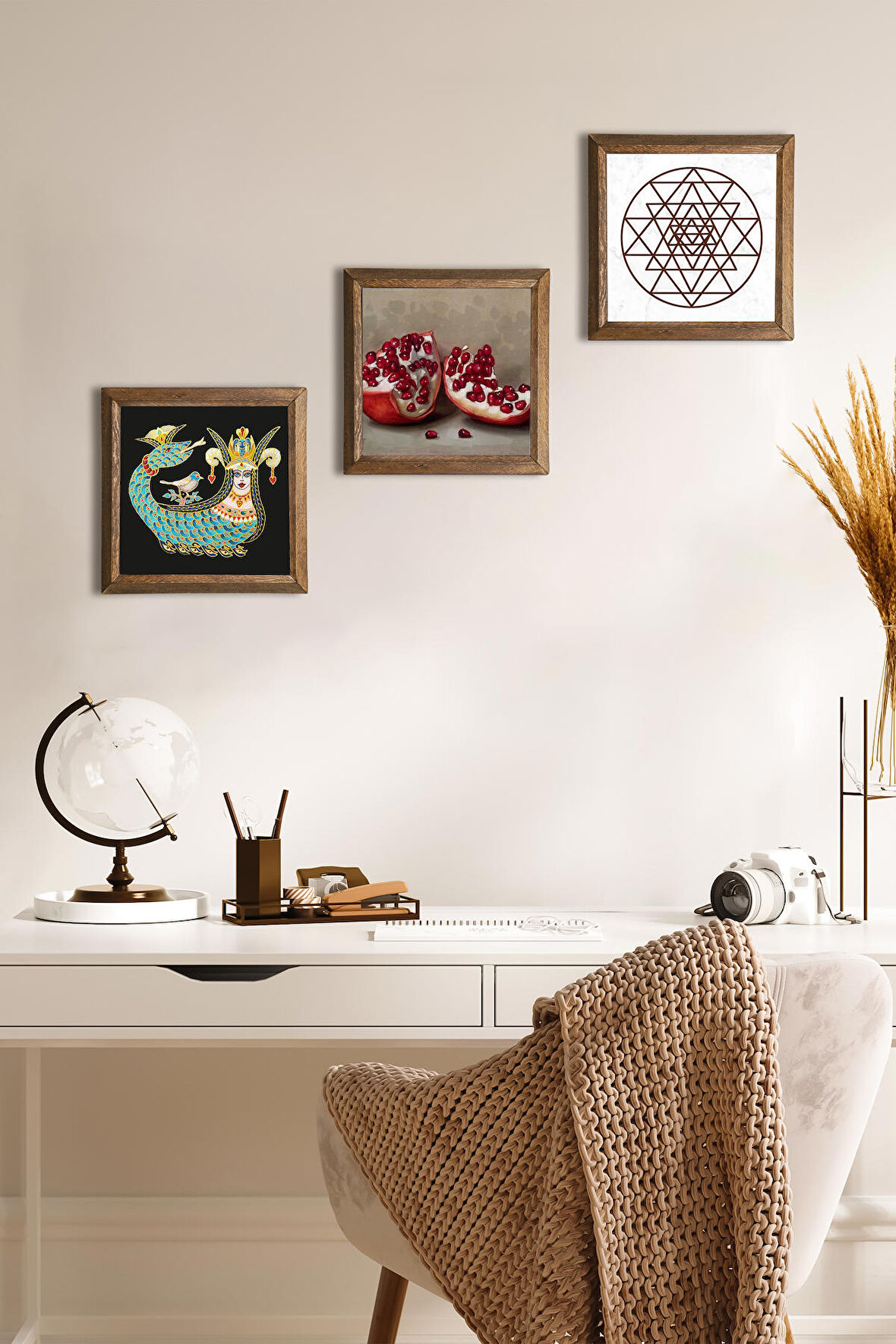 Sri Yantra, Şahmeran, Nar Taş Duvar Tablosu Ahşap Çerçeveli Duvar Dekoru 3 Parça Tablo Seti Wall Art