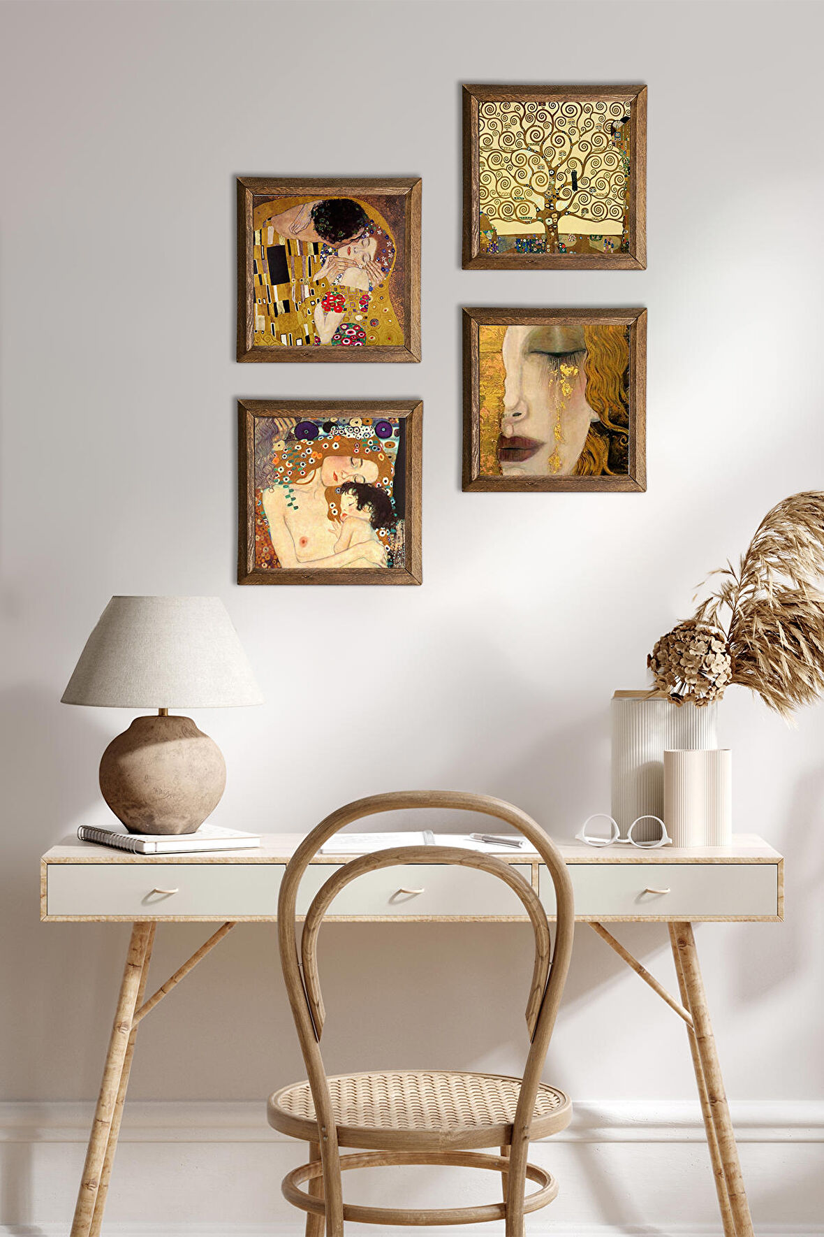 Gustav Klimt Altın Gözyaşları, Anne Çocuk, Öpücük, Hayat Ağacı Taş Duvar Tablosu Ahşap Çerçeveli Duvar Dekoru 4 Parça Tablo Seti Wall Art