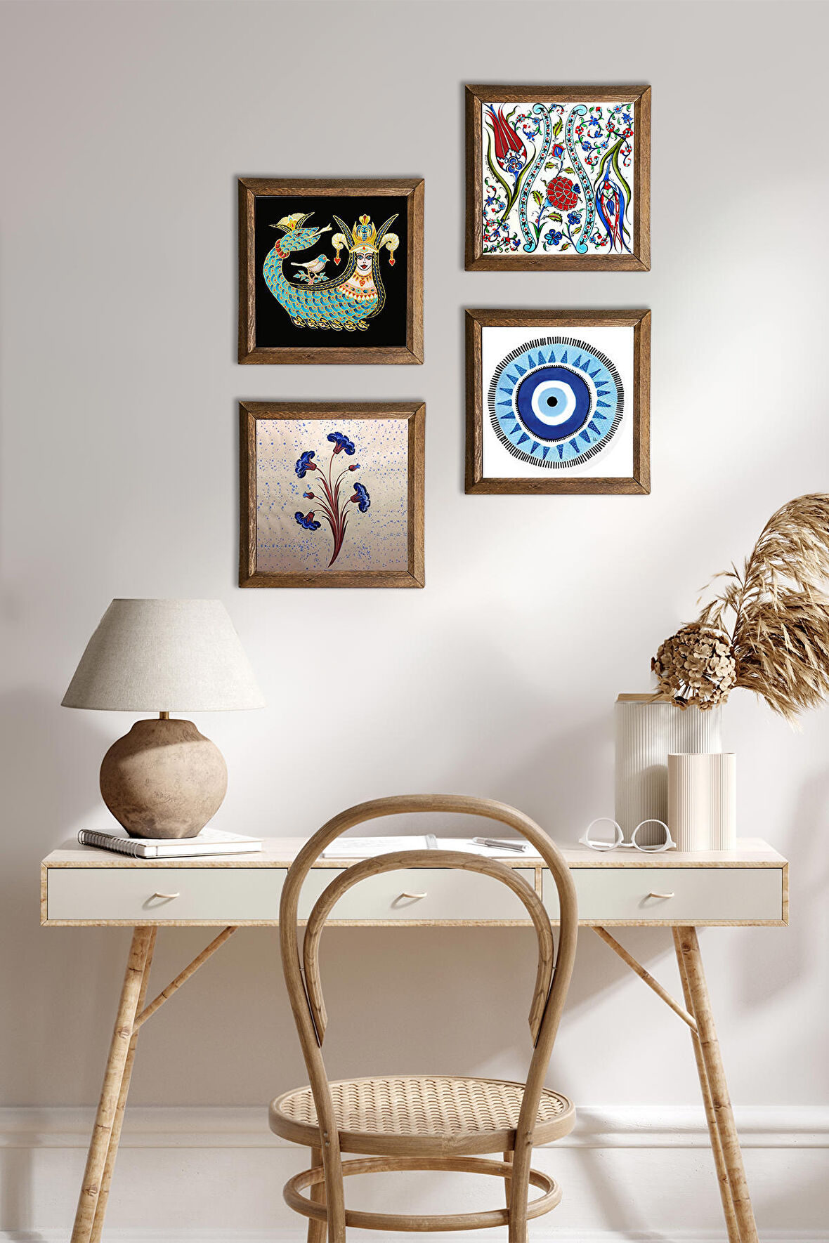 Nazar, Ebru Sanatı, Lale, Şahmeran Taş Duvar Tablosu Ahşap Çerçeveli Duvar Dekoru 4 Parça Tablo Seti Wall Art