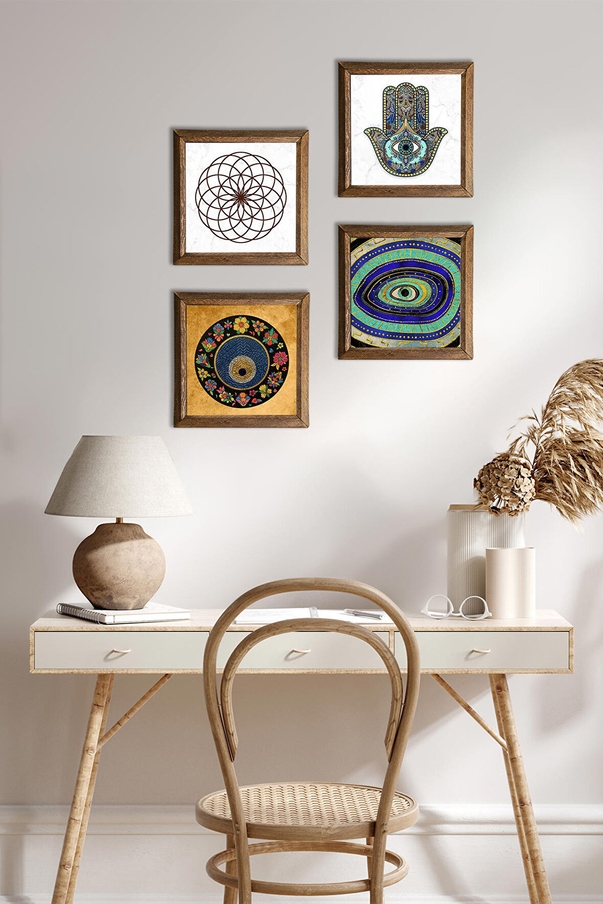 Yaşam Çiçeği, Nazar, Fatma Ana Eli (Hamsa) Taş Duvar Tablosu Ahşap Çerçeveli Duvar Dekoru 4 Parça Tablo Seti Wall Art