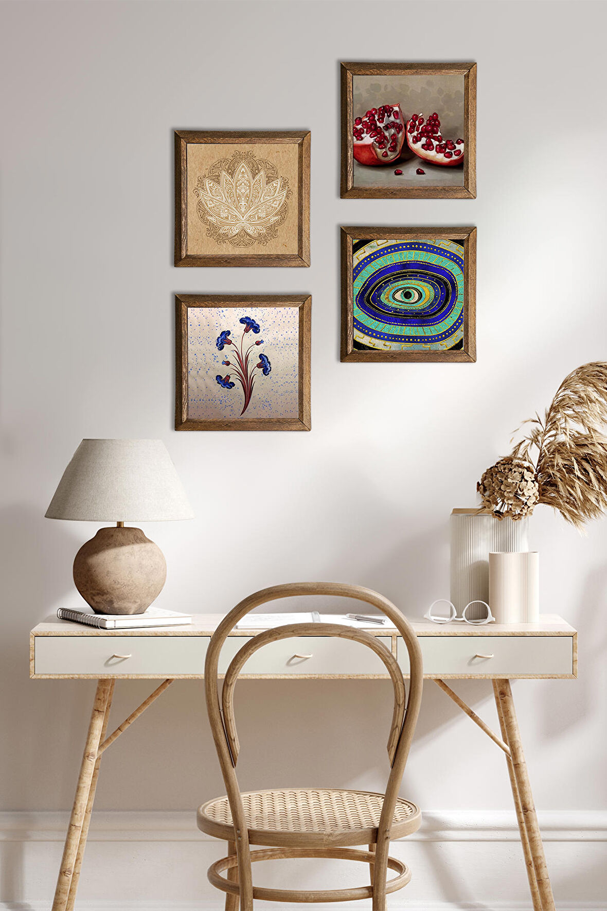 Ebru Sanatı, Nazar, Lotus Çiçeği, Nar Taş Duvar Tablosu Ahşap Çerçeveli Duvar Dekoru 4 Parça Tablo Seti Wall Art