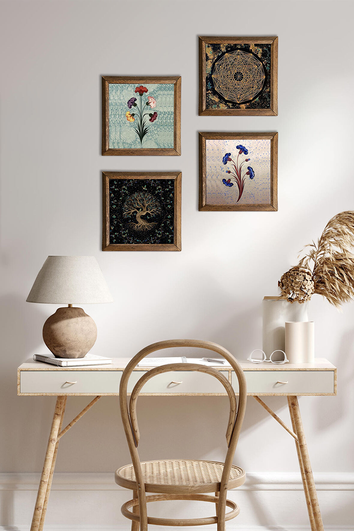 Ebru Sanatı, Sri Yantra, Hayat Ağacı Taş Duvar Tablosu Ahşap Çerçeveli Duvar Dekoru 4 Parça Tablo Seti Wall Art